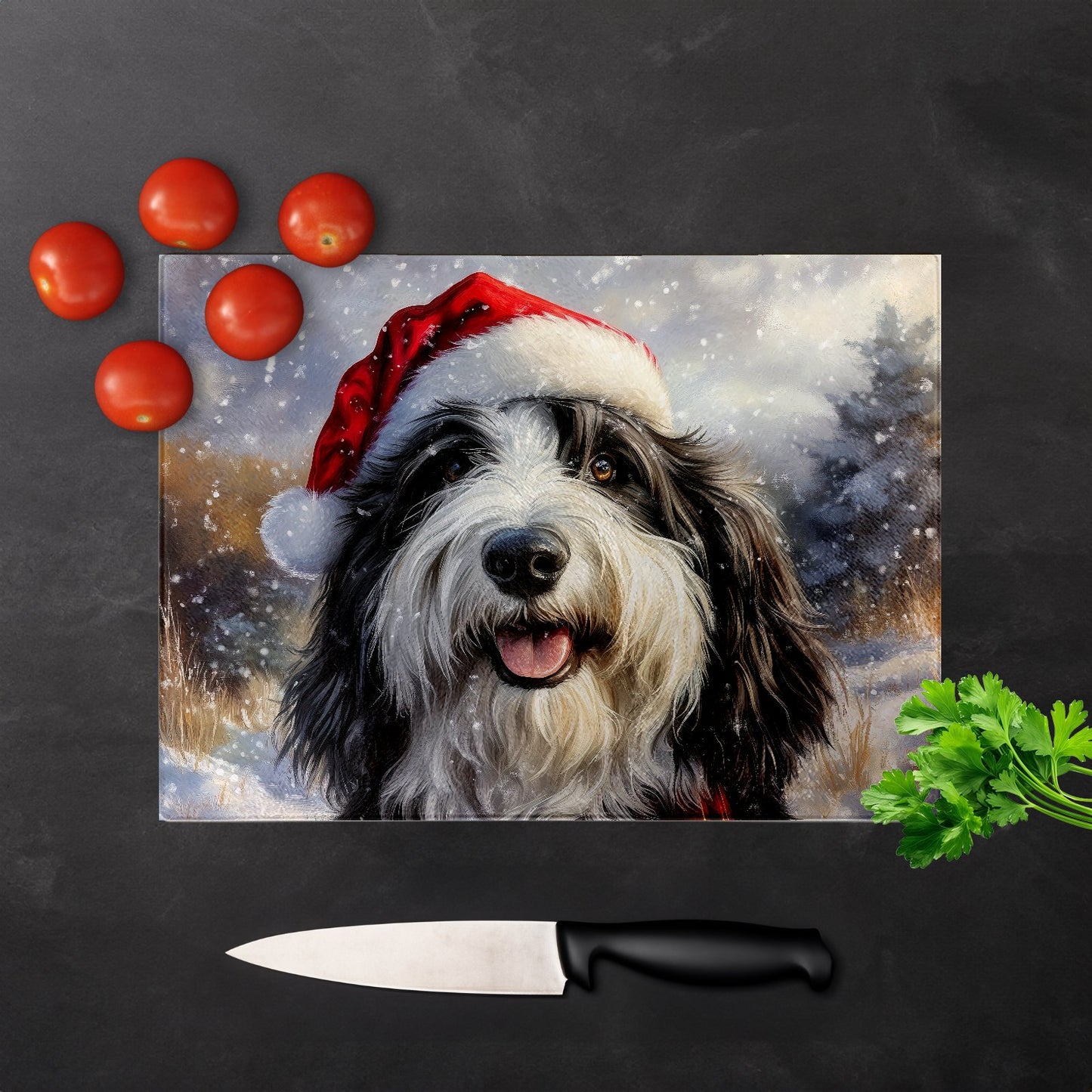 Christmas Bearded Collie Glass Chopping Board