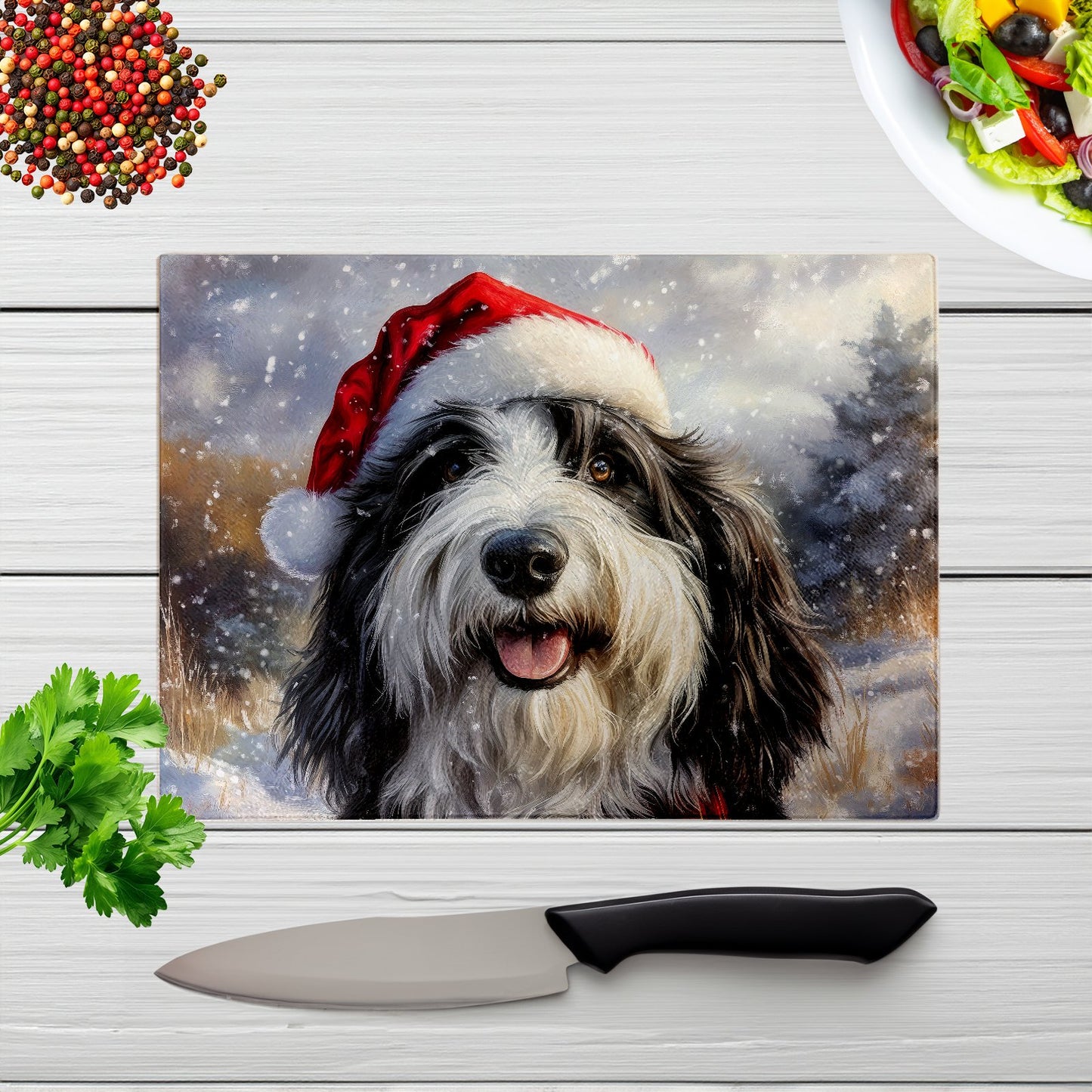 Christmas Bearded Collie Glass Chopping Board