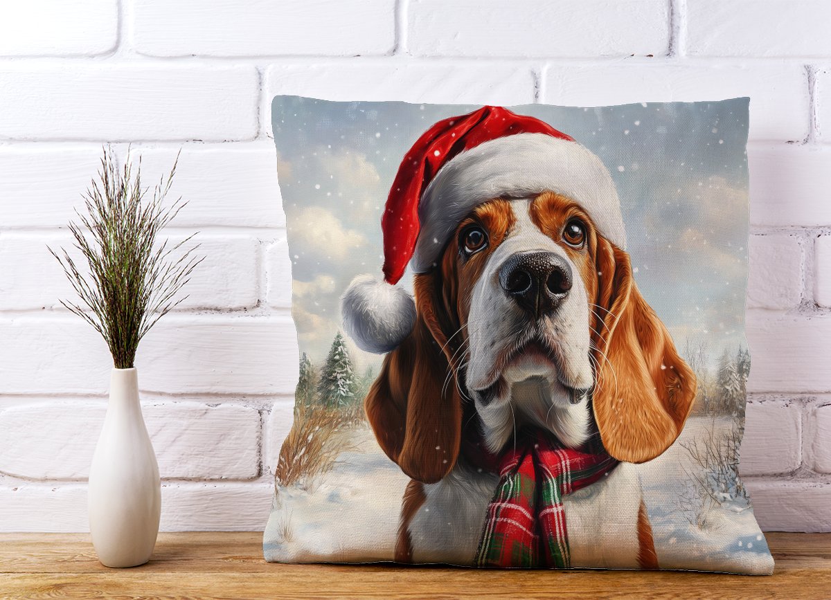 Snowy Christmas Bassett Hound Cushion