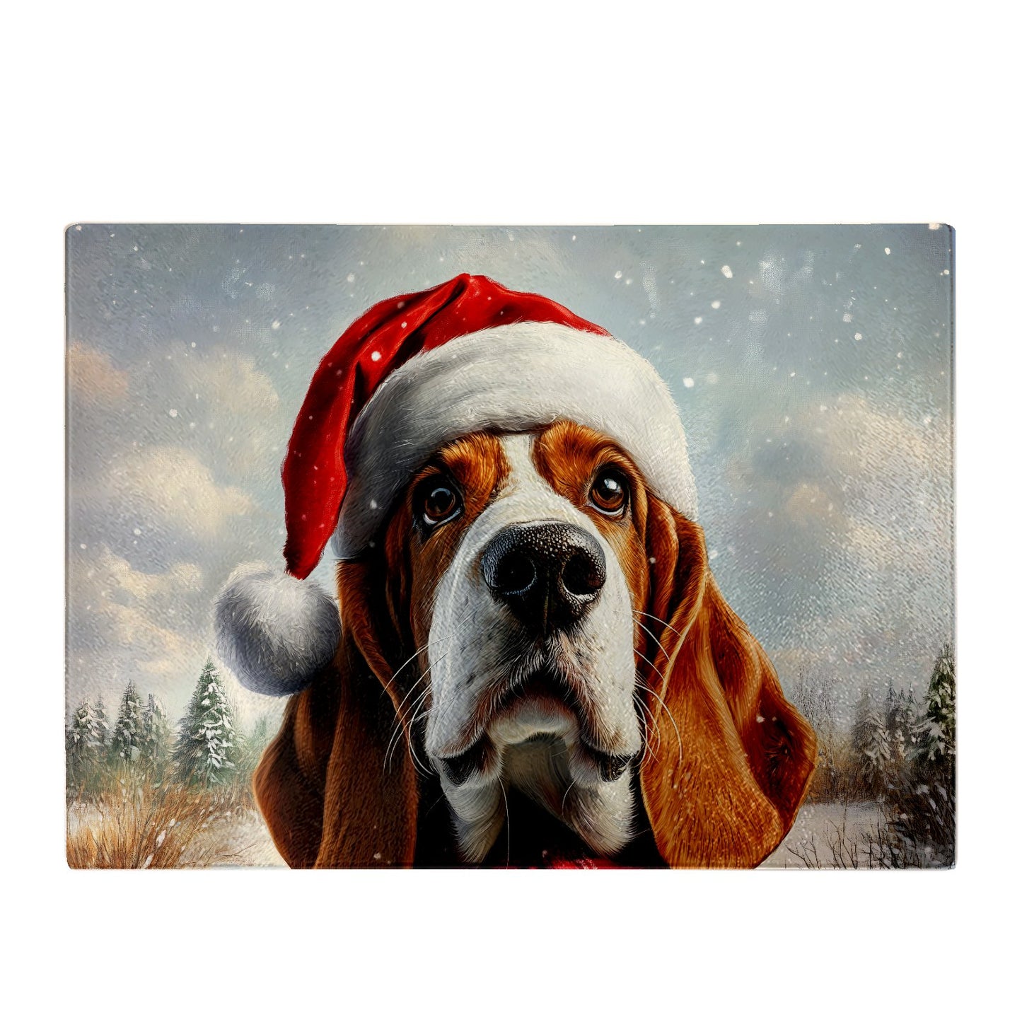 Snowy Christmas Bassett Hound Glass Chopping Board