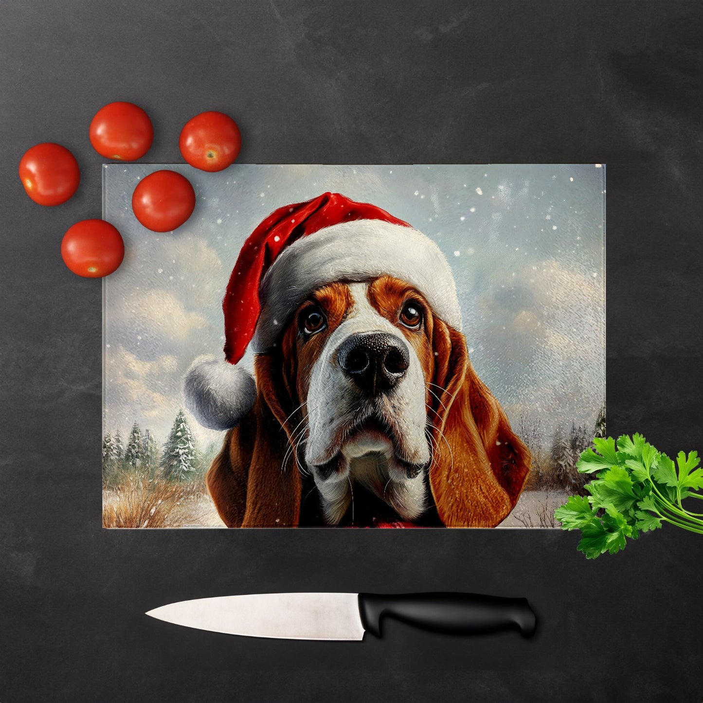 Snowy Christmas Bassett Hound Glass Chopping Board