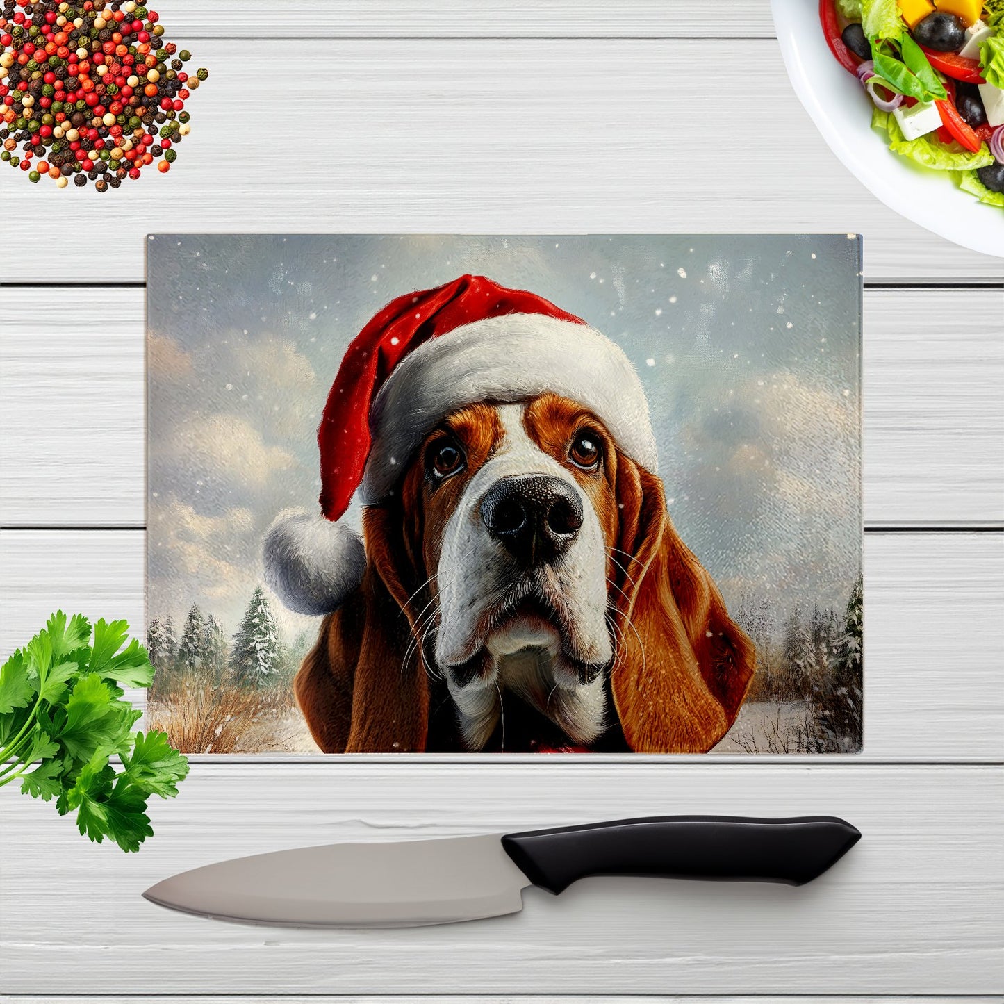 Snowy Christmas Bassett Hound Glass Chopping Board
