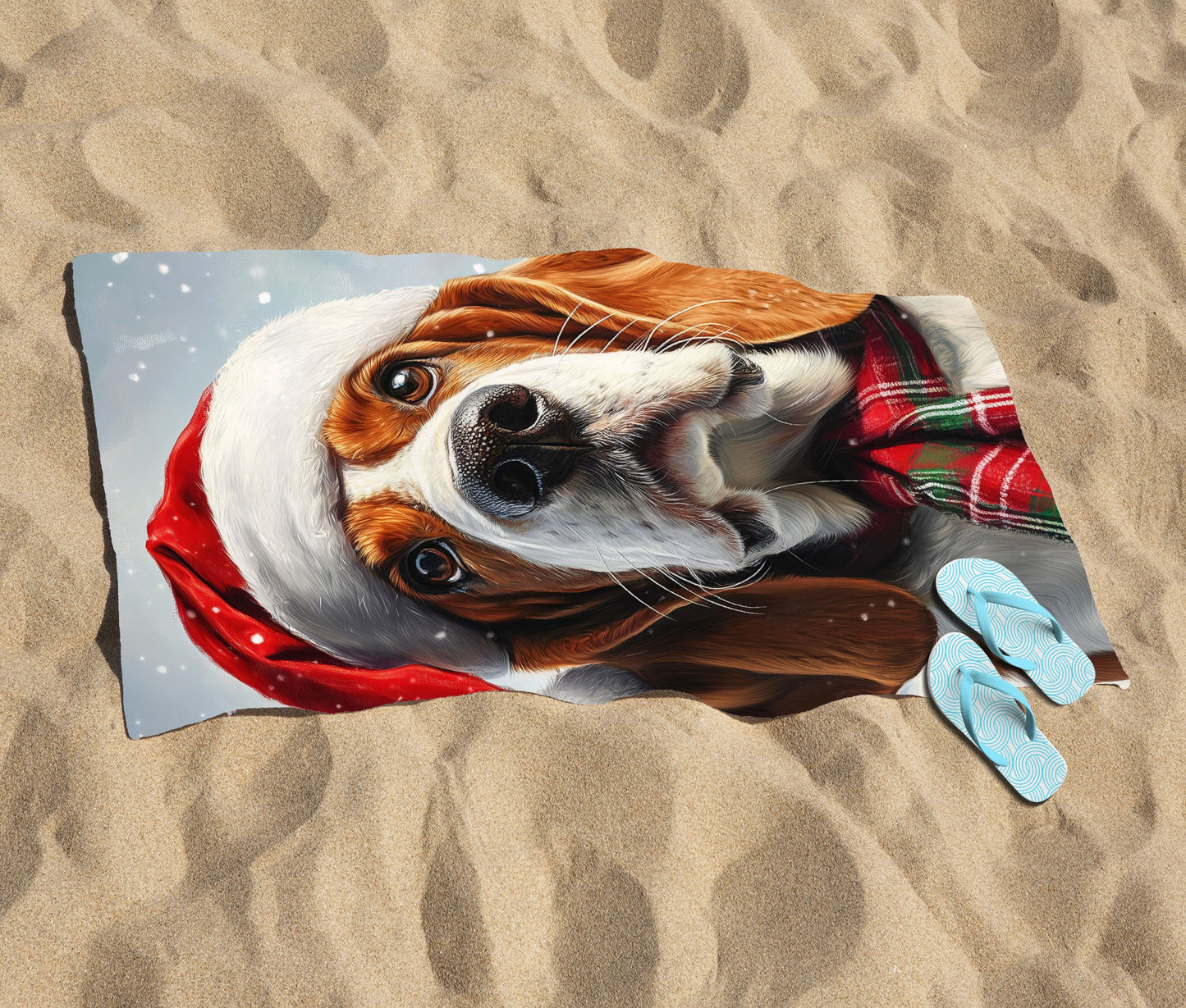 Snowy Christmas Bassett Hound Beach Towel