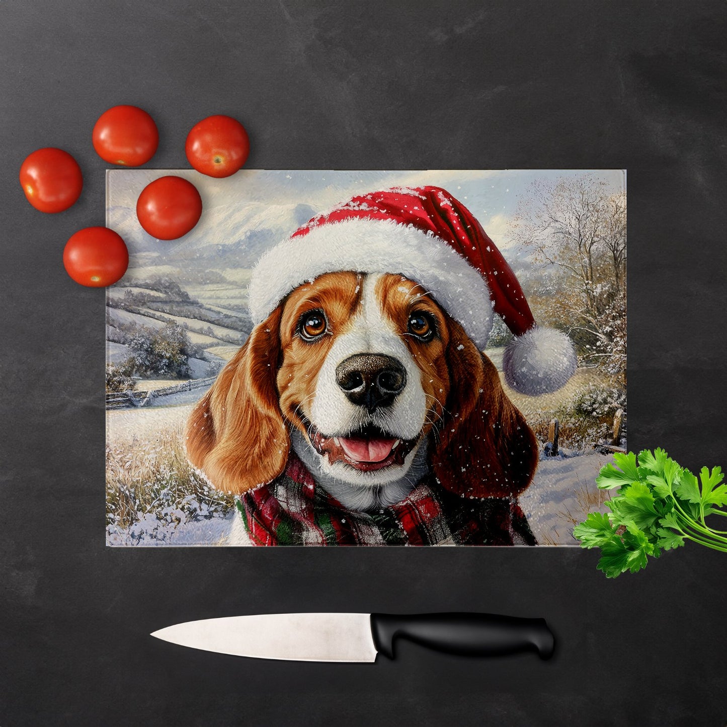 Christmas Bassett Hound Glass Chopping Board