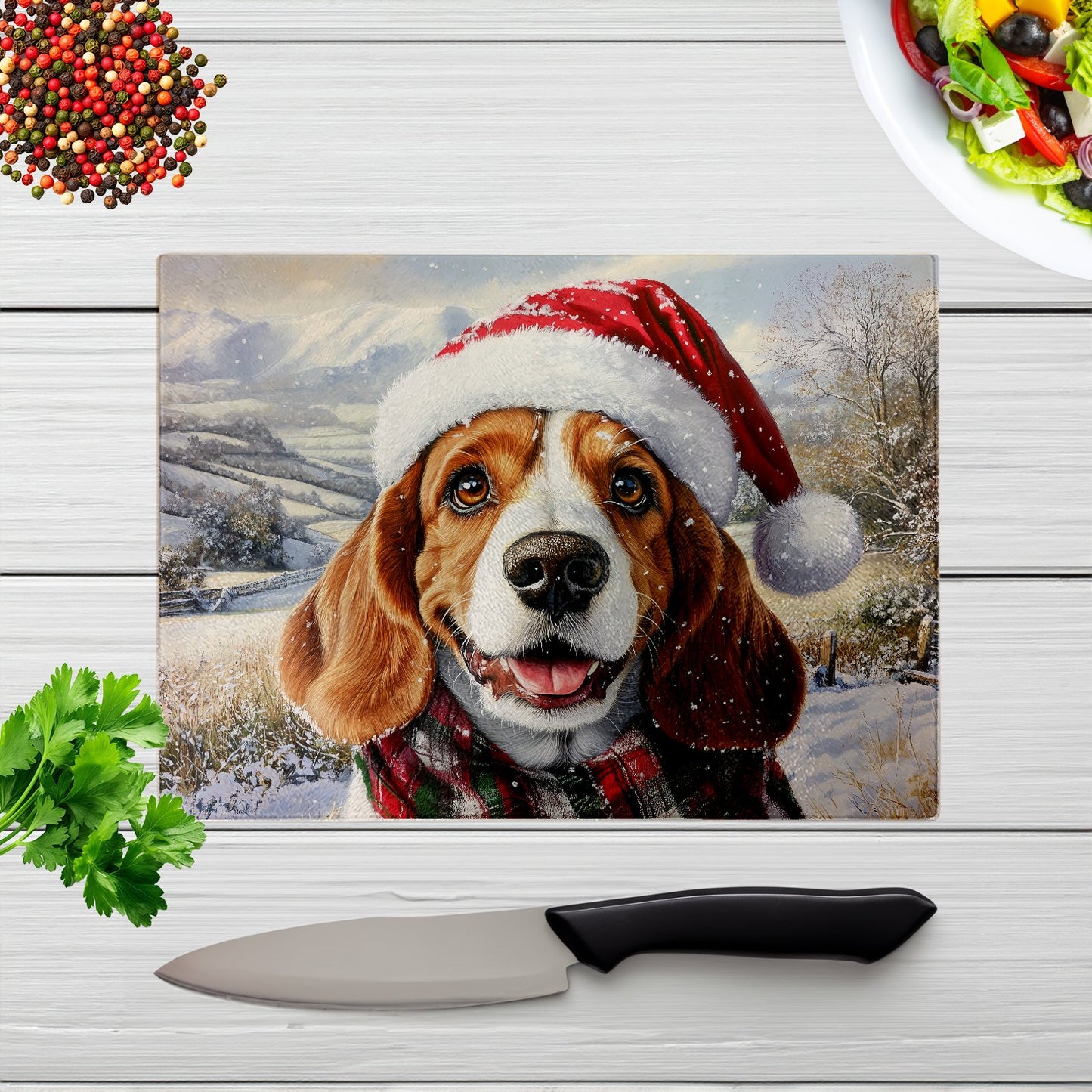 Christmas Bassett Hound Glass Chopping Board