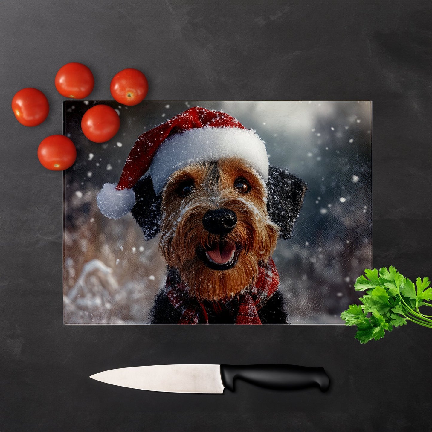 Christmas Airedale Terrier Glass Chopping Board