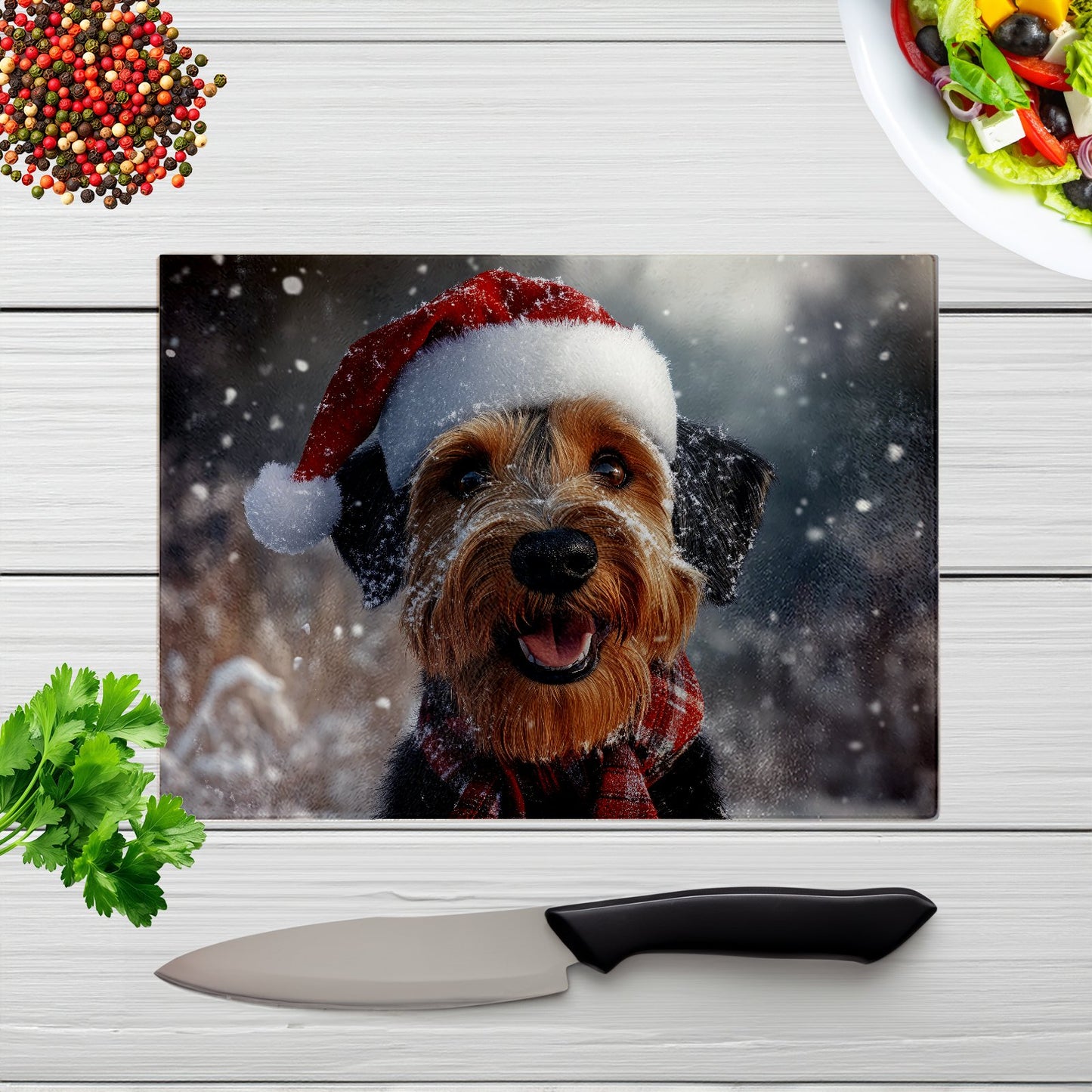 Christmas Airedale Terrier Glass Chopping Board