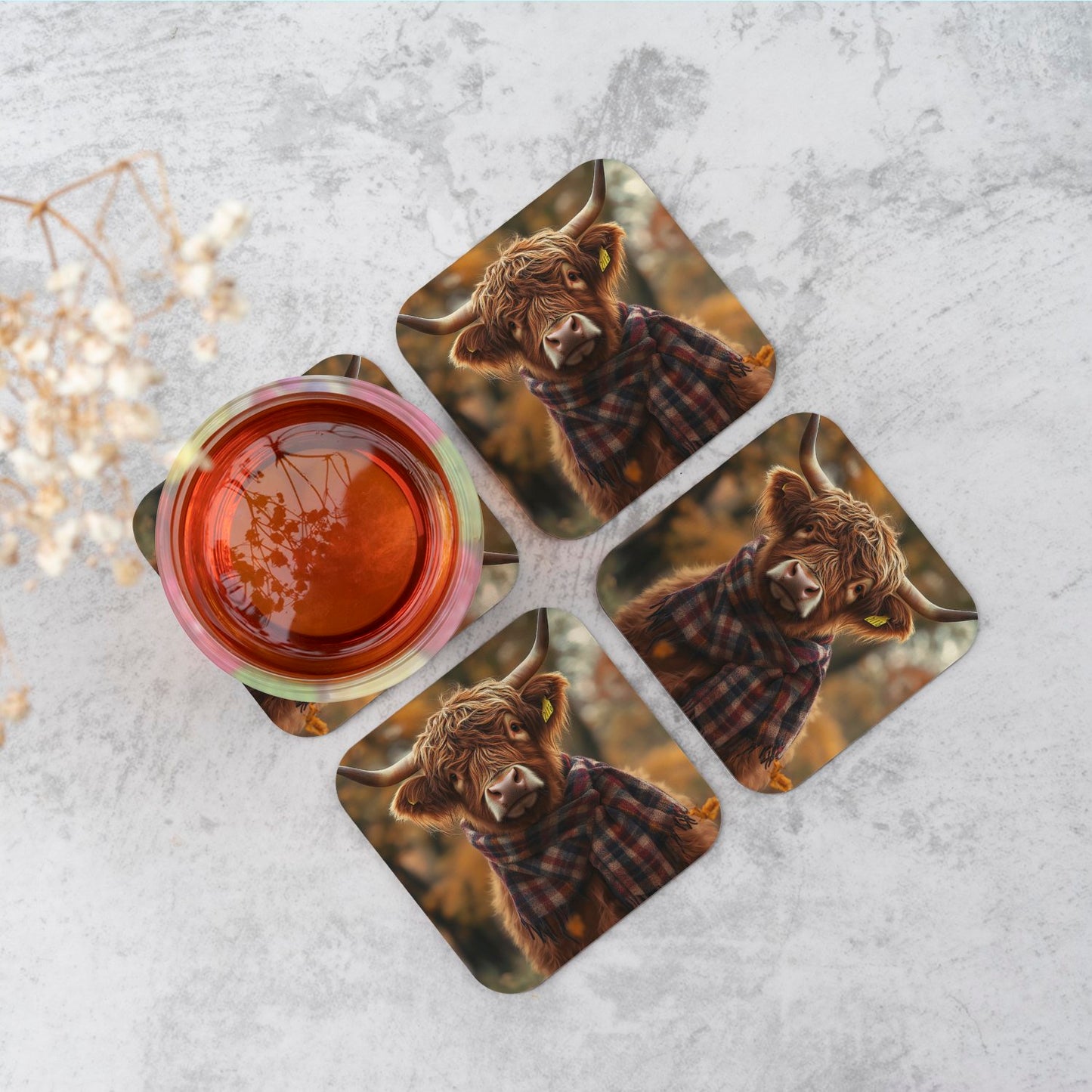Highland Cow Wearing Scarf Coasters