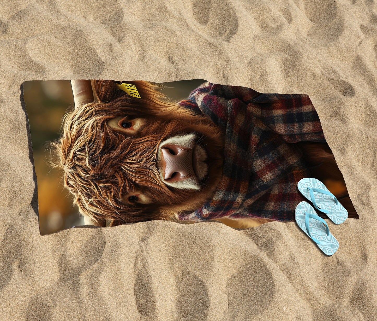 Highland Cow Wearing Scarf Beach Towel