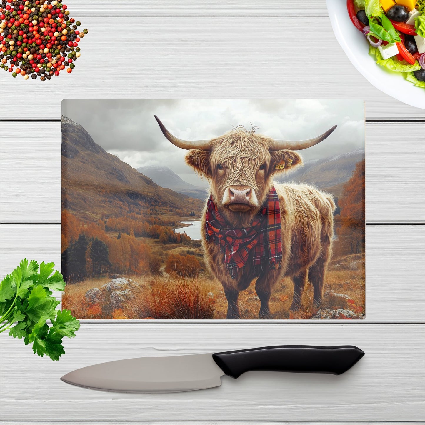 Autumnal Highland Cow Glass Chopping Board