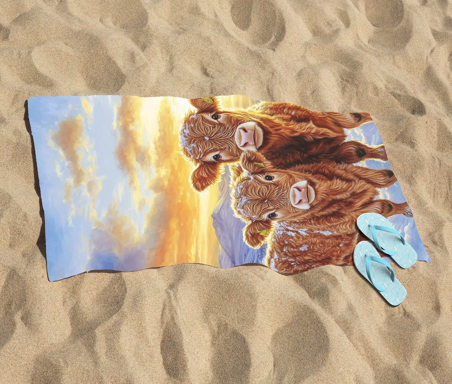 Snowy Baby Highland Cows Beach Towel