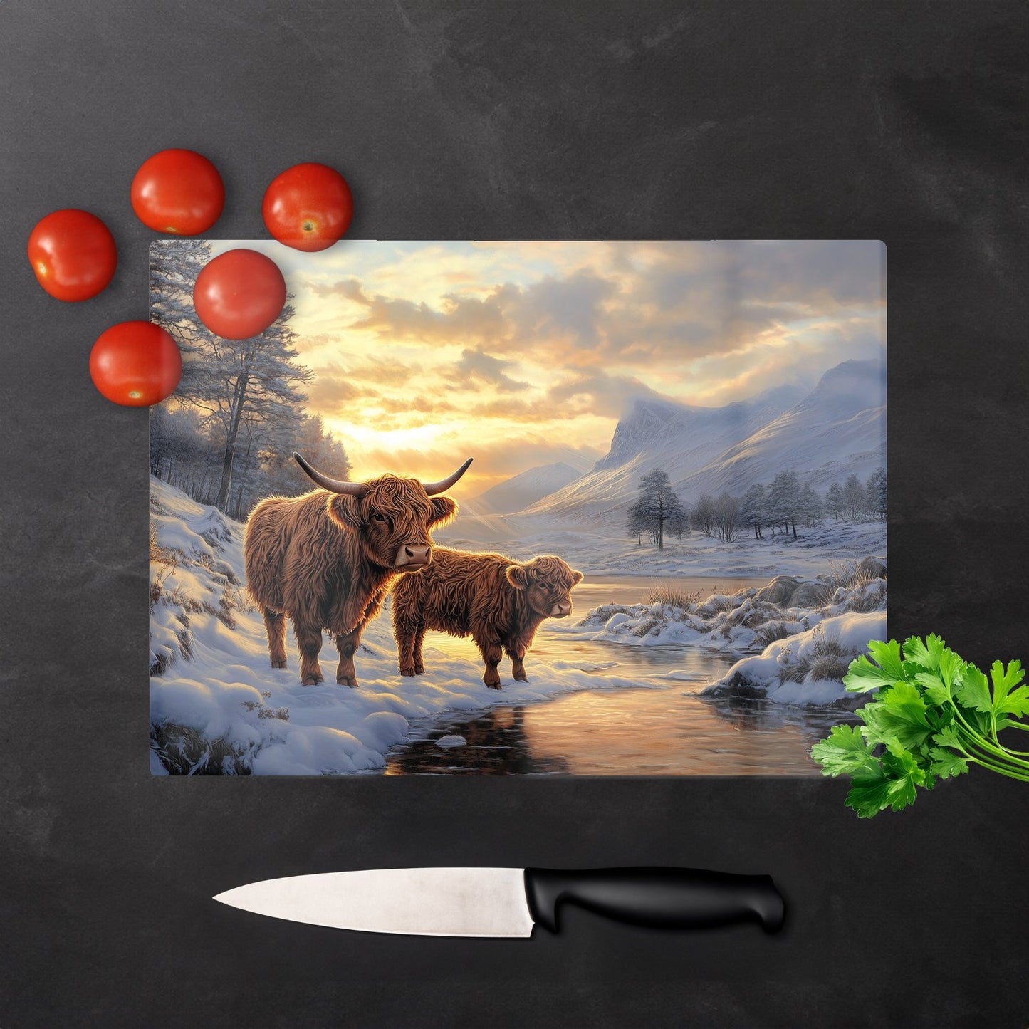 Highland Cows By The Lake Glass Chopping Board