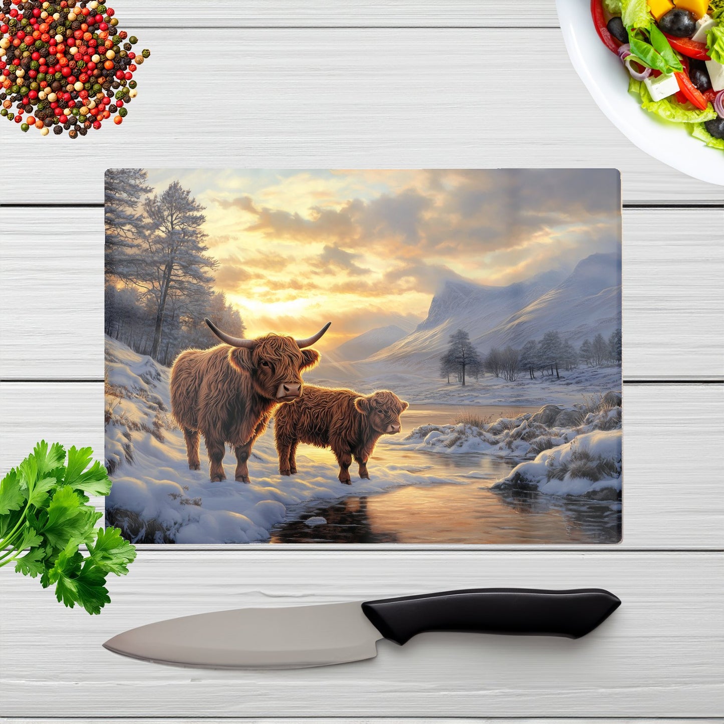 Highland Cows By The Lake Glass Chopping Board