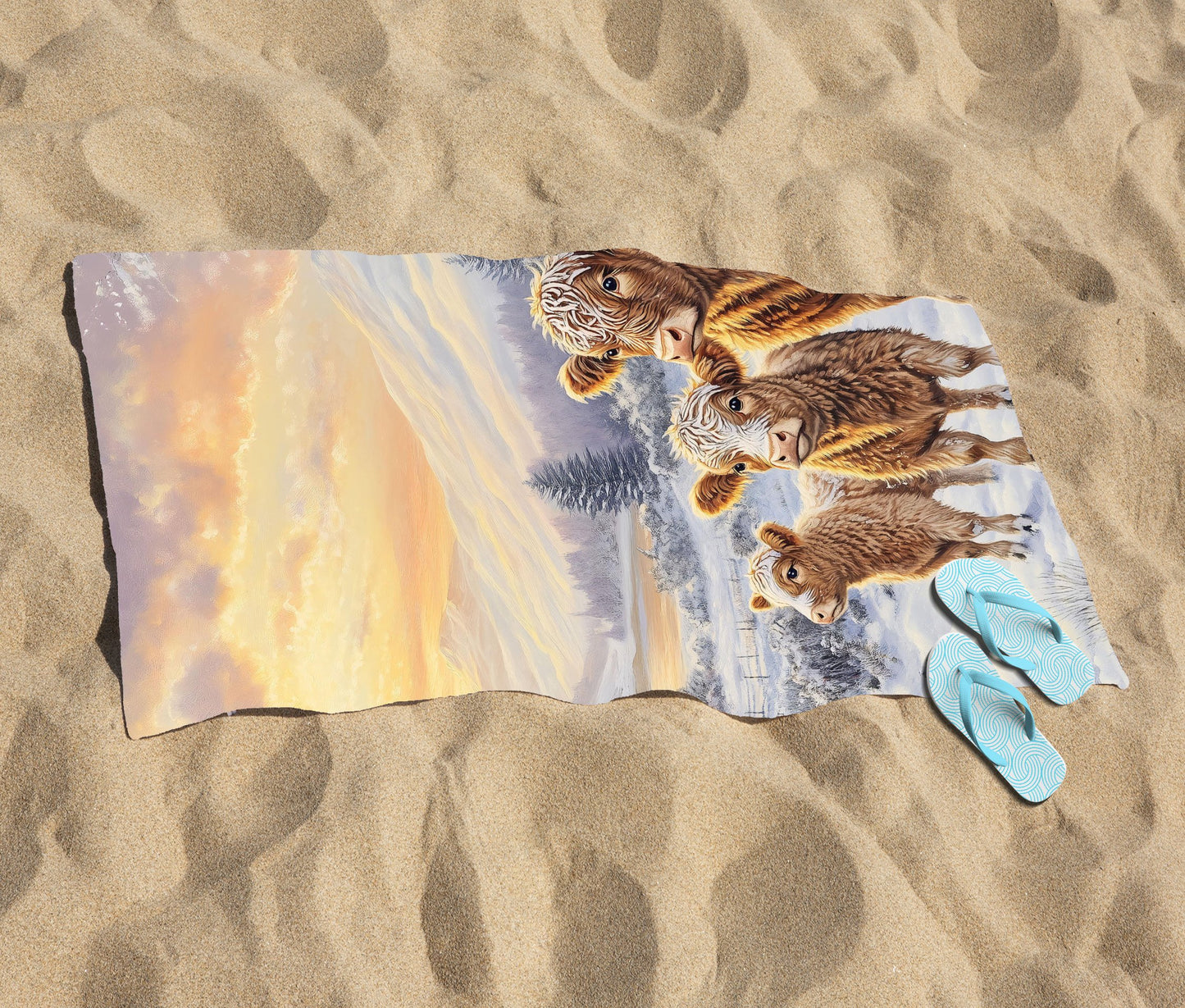 Family Of Highland Cows Beach Towel