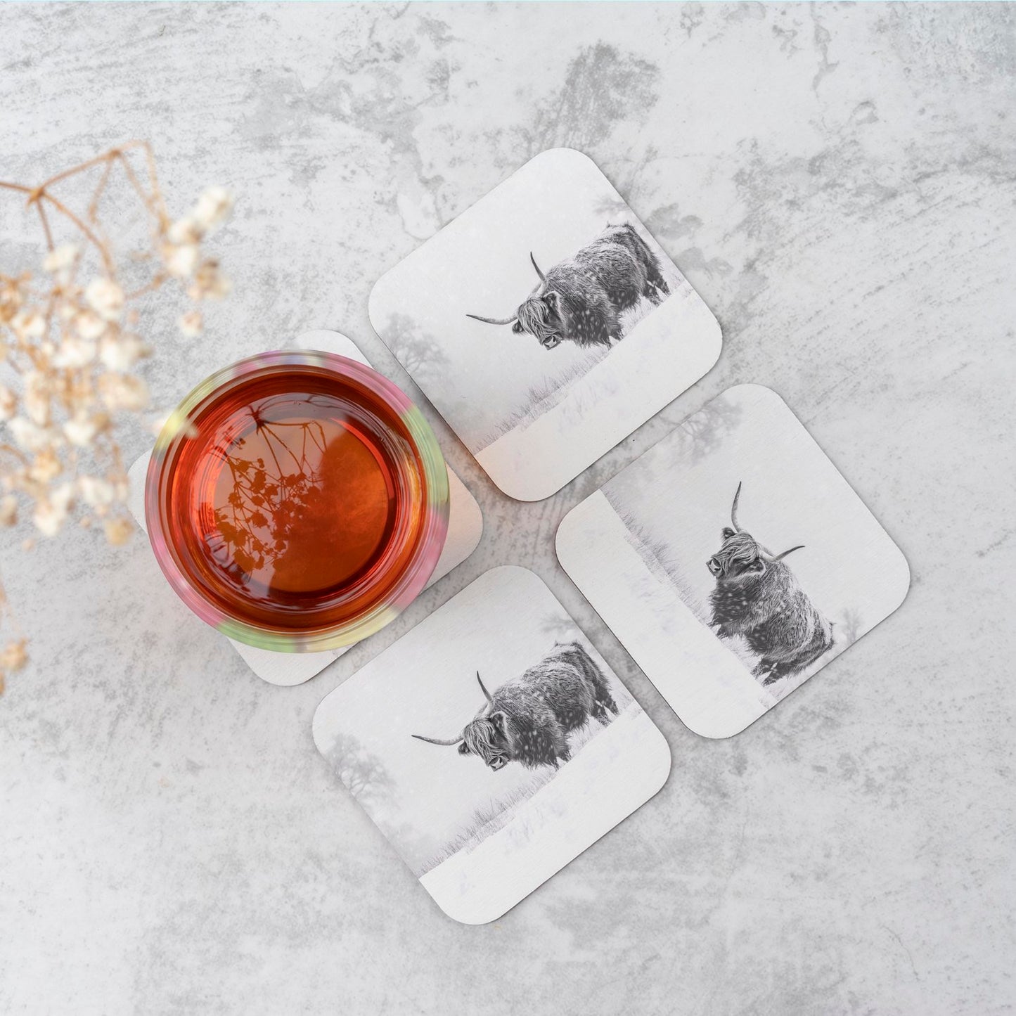 Snowy Black And White Highland Cow Coasters