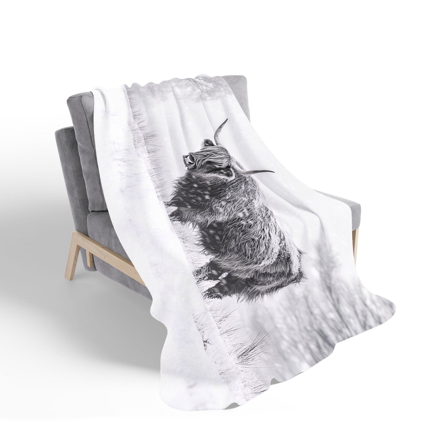 Snowy Black And White Highland Cow Sherpa Blanket