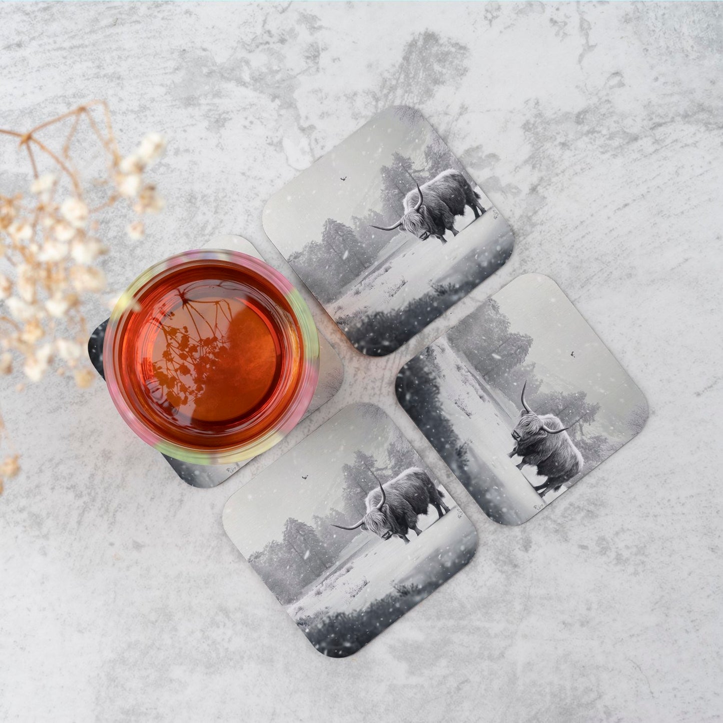 Snow Storm Highland Cow Coasters