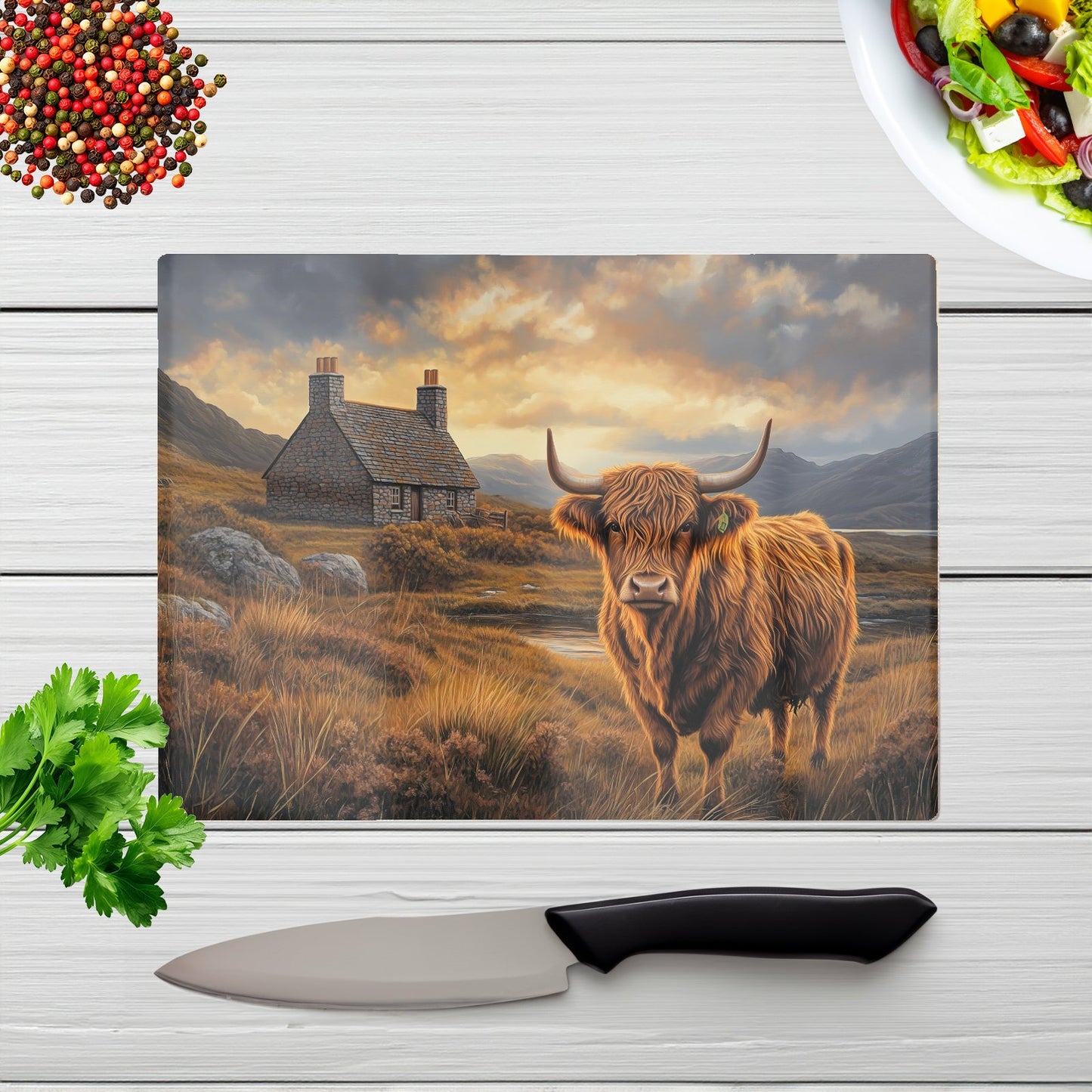 Highland Cow And A Cottage Glass Chopping Board