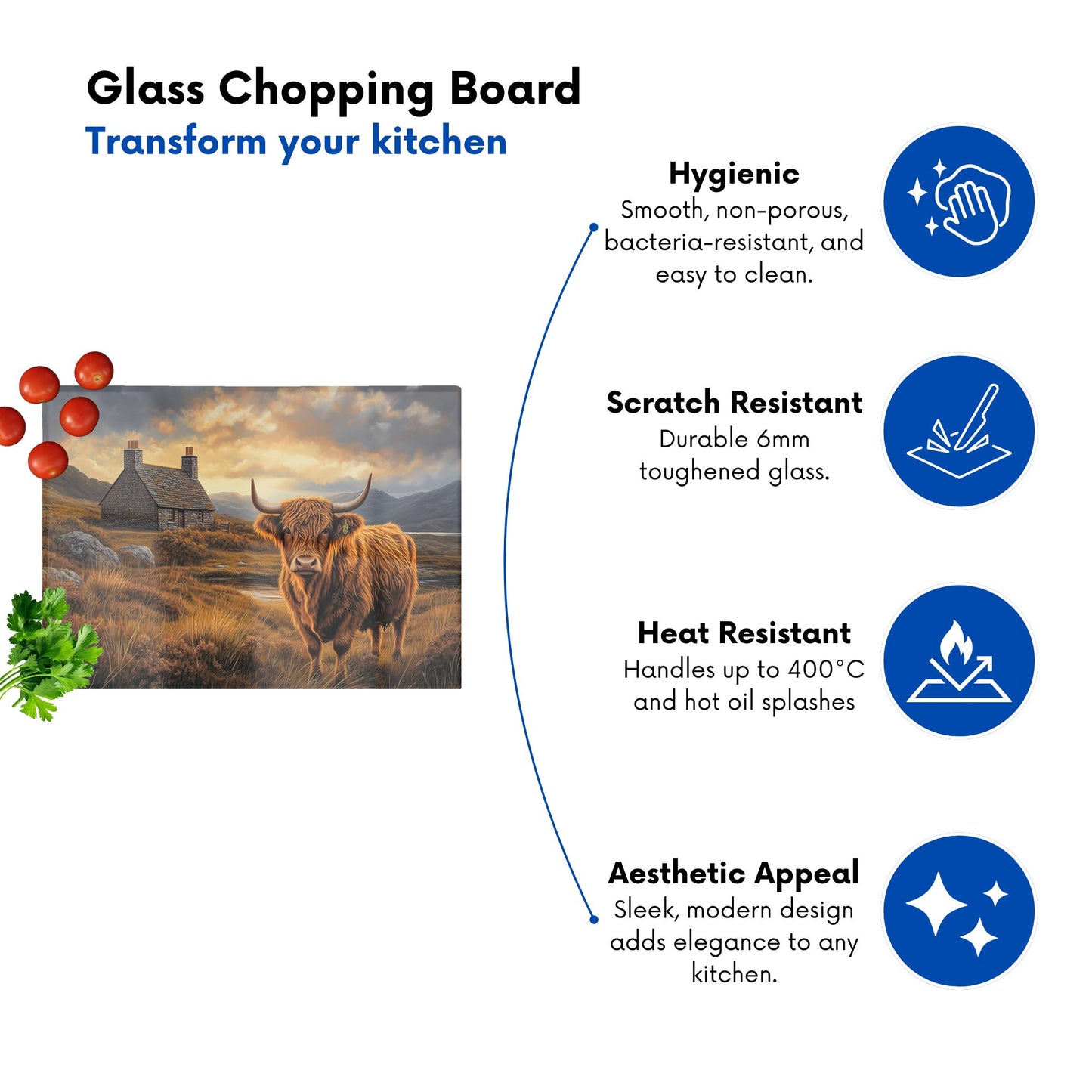 Highland Cow And A Cottage Glass Chopping Board