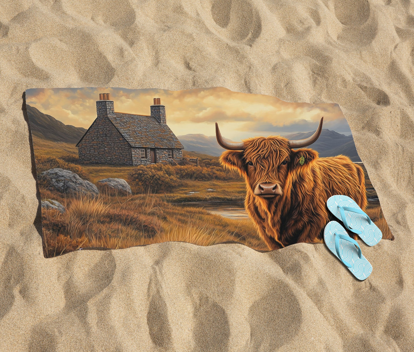 Highland Cow And A Cottage Beach Towel