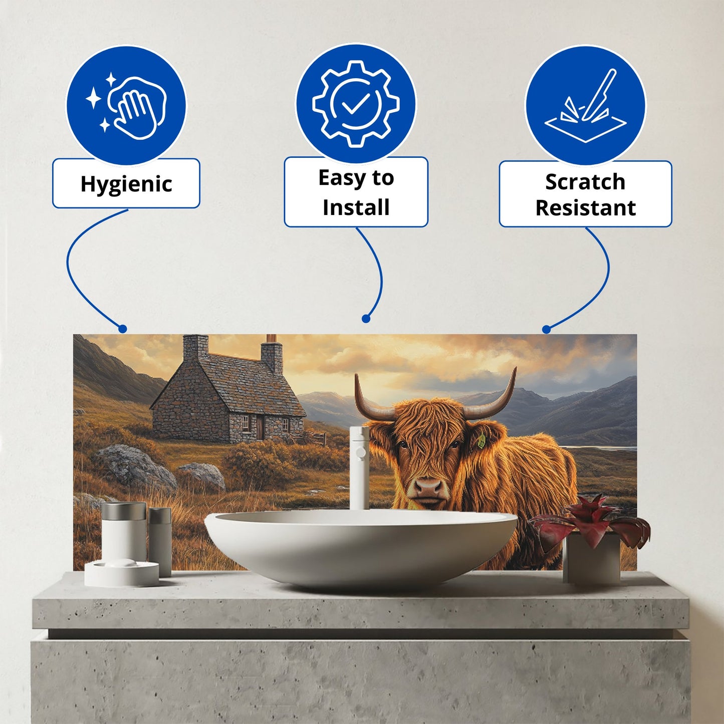 Highland Cow And A Cottage Glass Bathroom Splashback