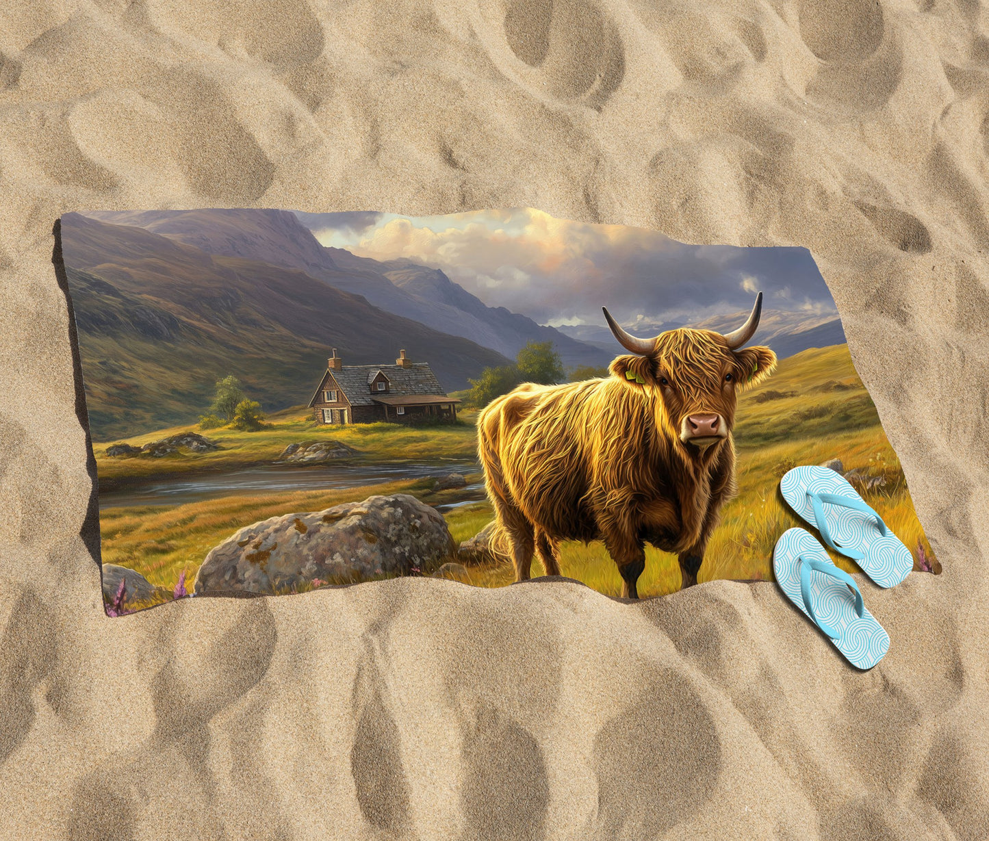Springtime Highland Cow Beach Towel