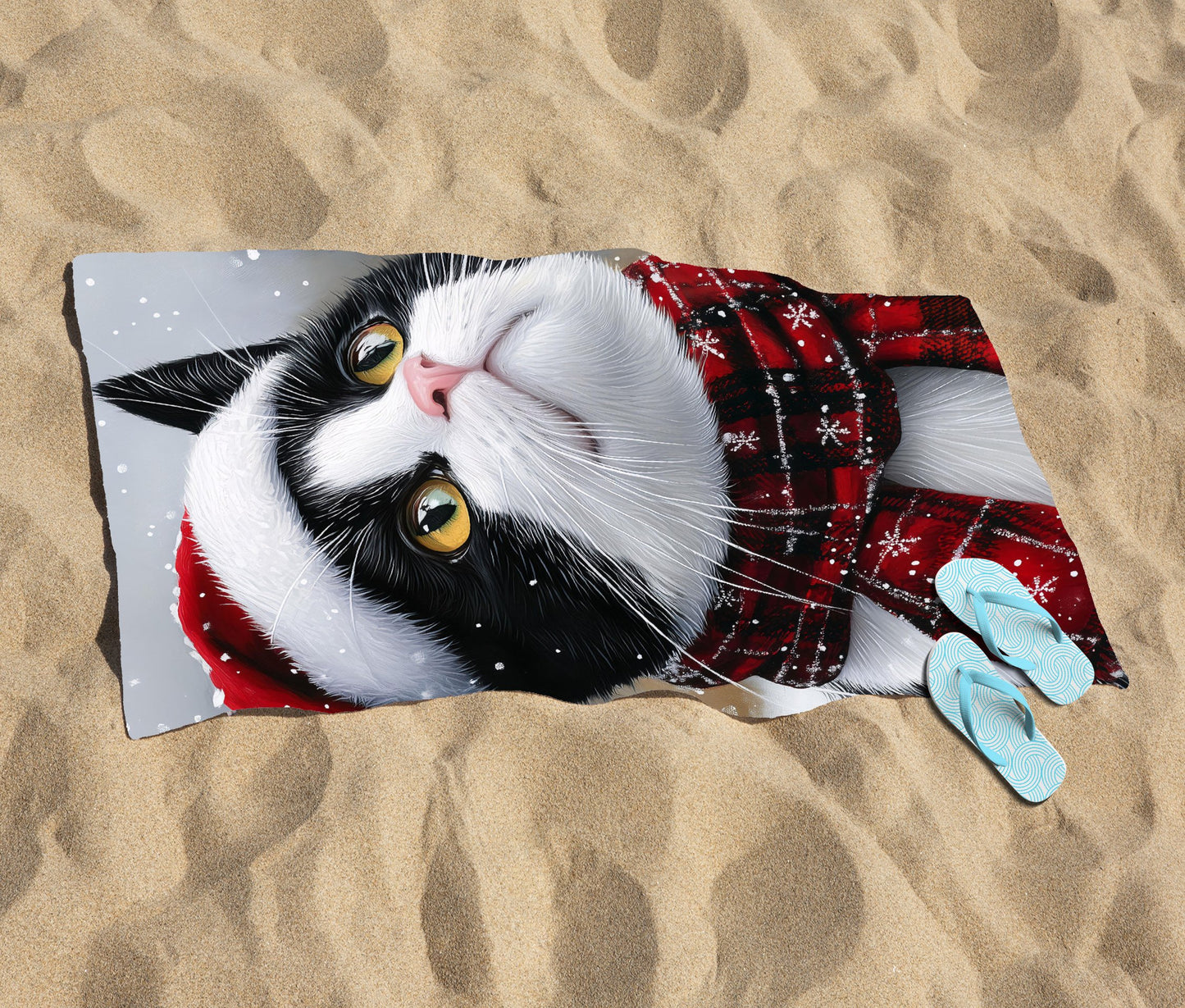Snowy Christmas Black Cat Beach Towel