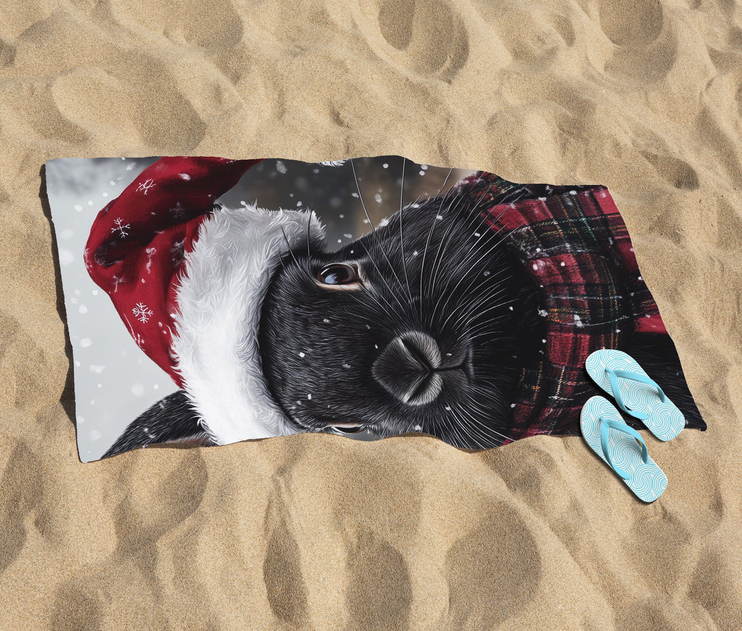 Christmas Black Rabbit Beach Towel