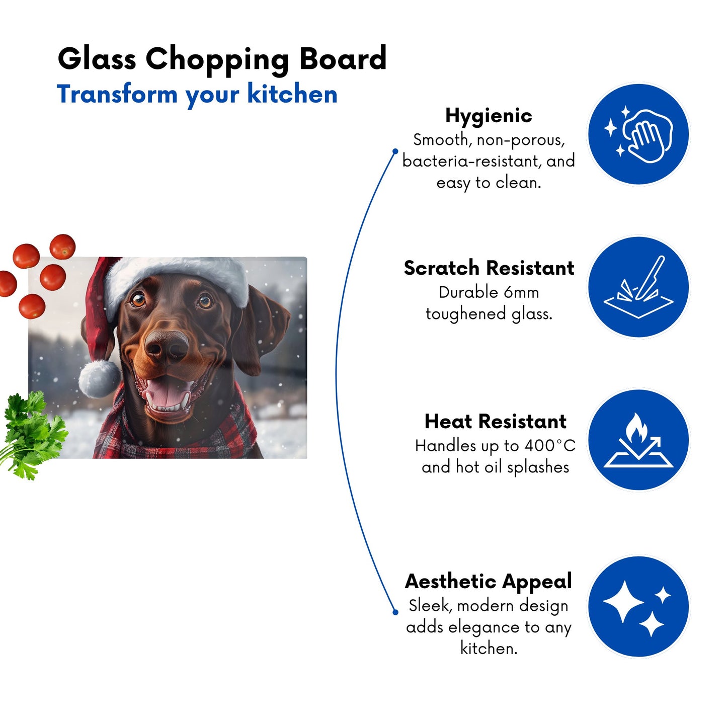 Snowy Christmas Brown Doberman Glass Chopping Board
