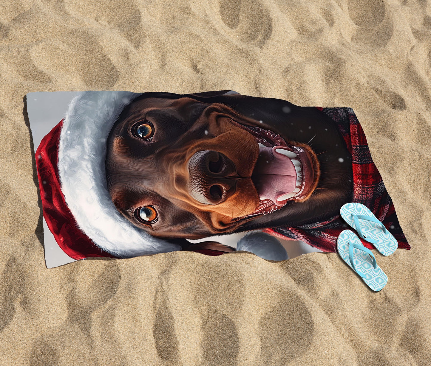 Snowy Christmas Brown Doberman Beach Towel