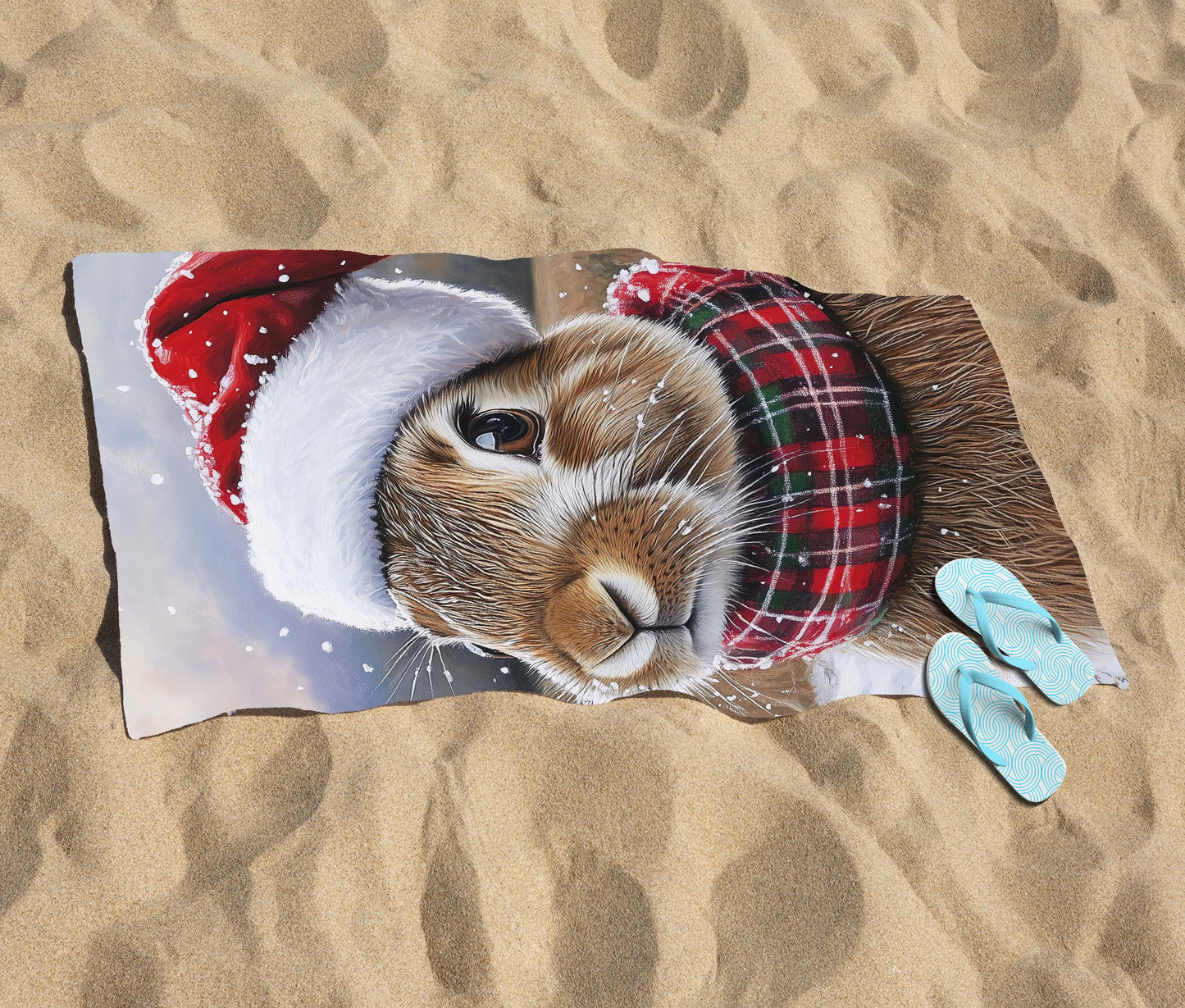 Snowy Christmas Brown Rabbit Beach Towel