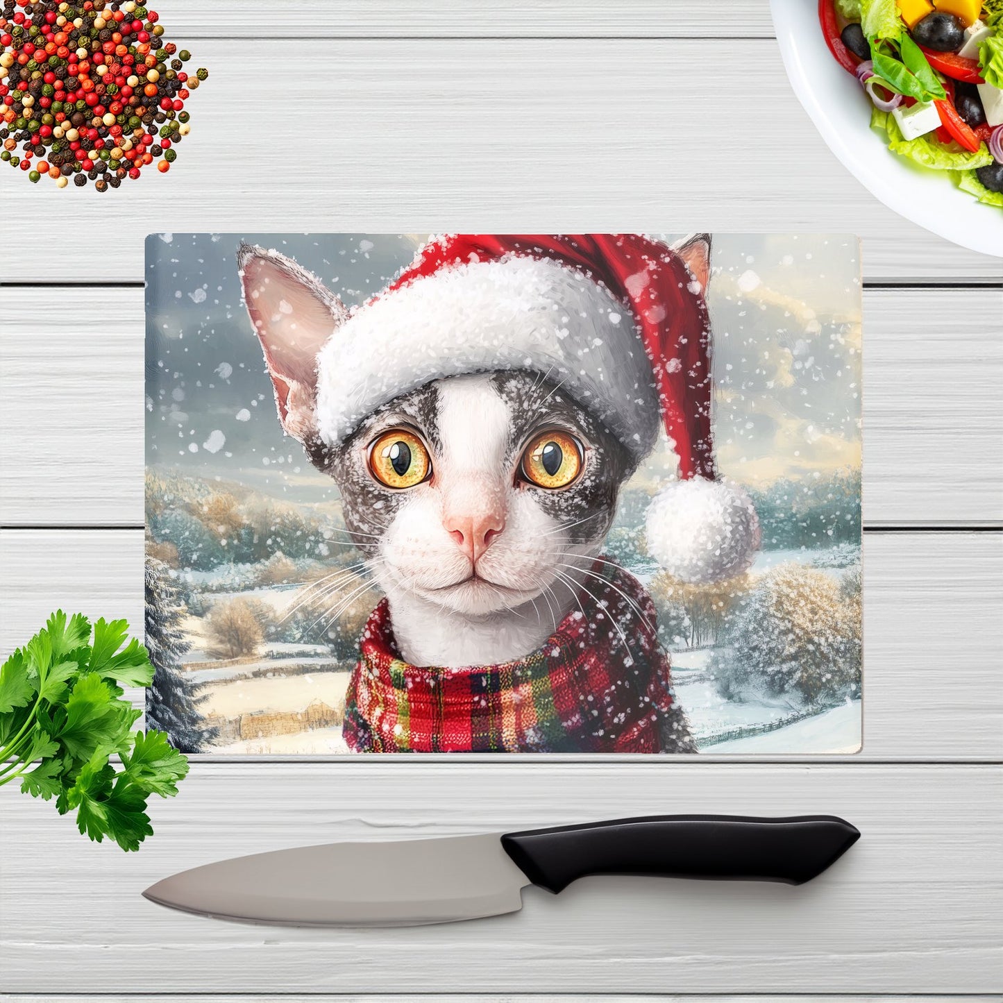 Christmas Cornish Rex Glass Chopping Board