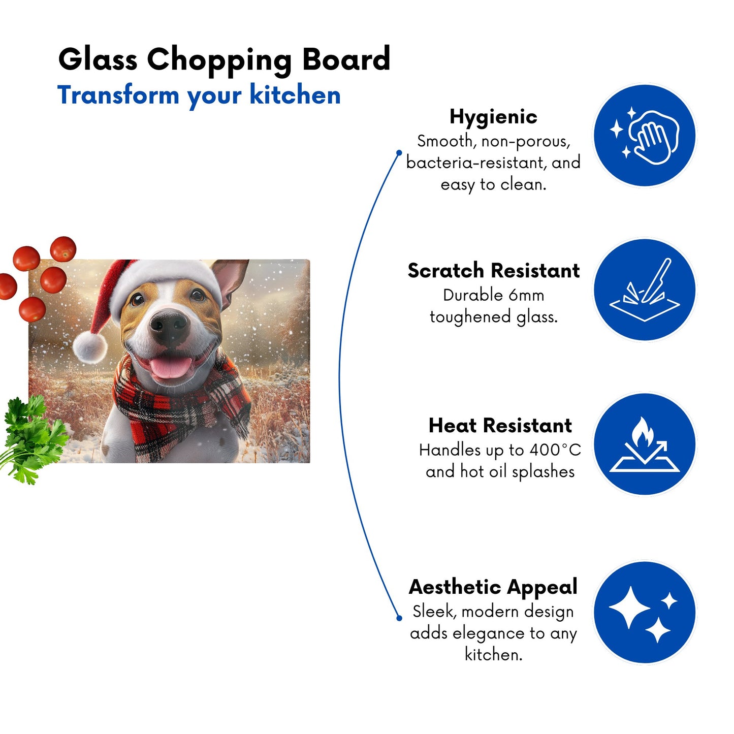 Snowy Christmas English Bull Terrier Dog Glass Chopping Board