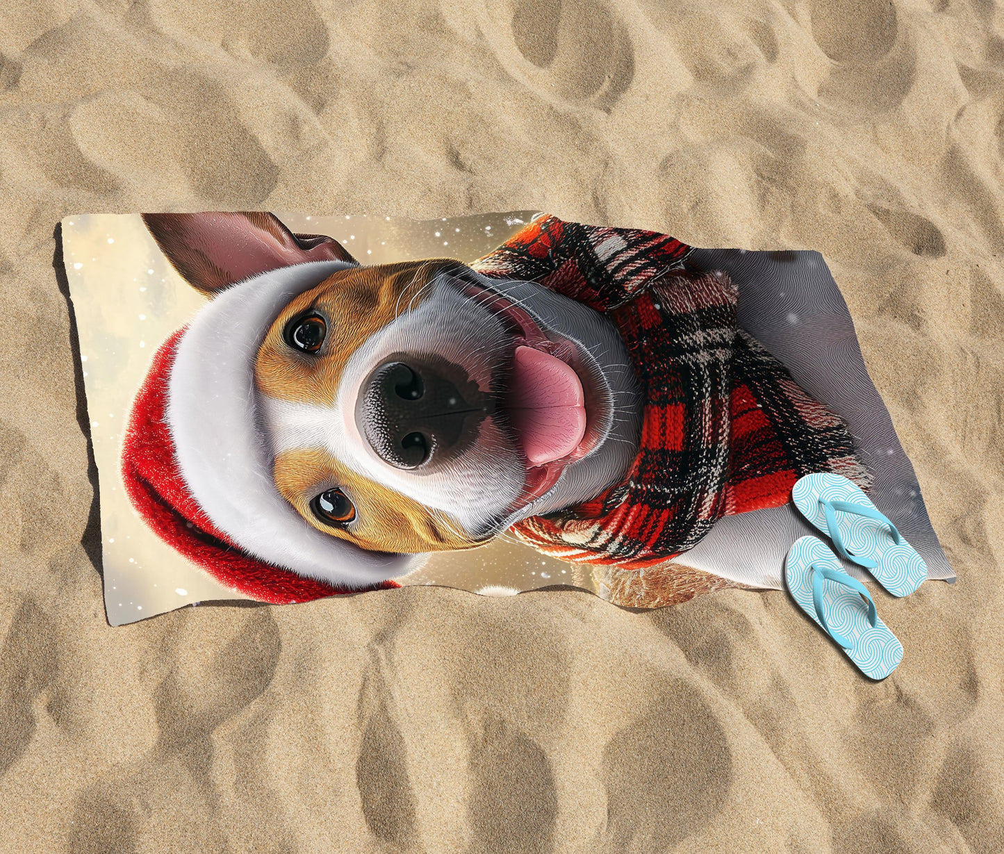 Snowy Christmas English Bull Terrier Dog Beach Towel