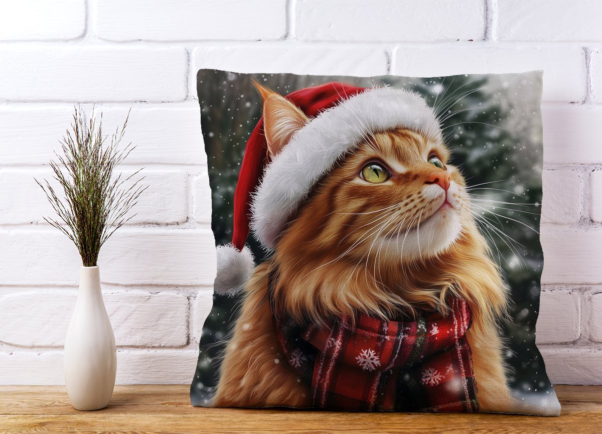 Snowy Christmas Ginger Cat Cushion