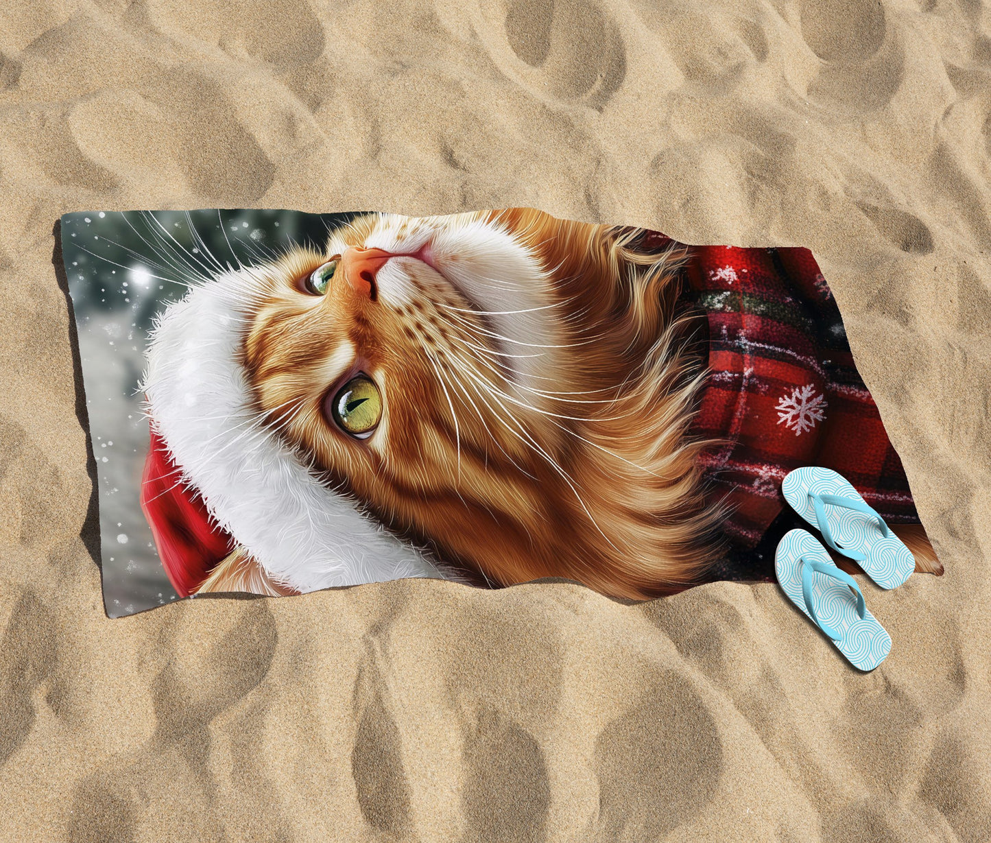 Snowy Christmas Ginger Cat Beach Towel