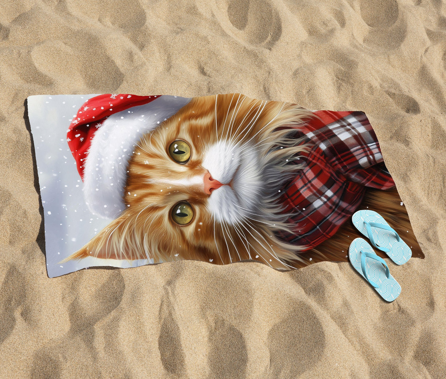 Christmas Ginger Cat Beach Towel