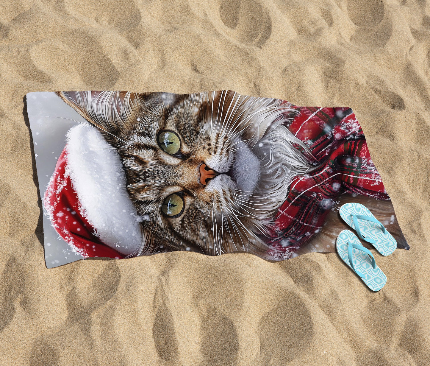 Snowy Christmas Maine Coon Cat Beach Towel