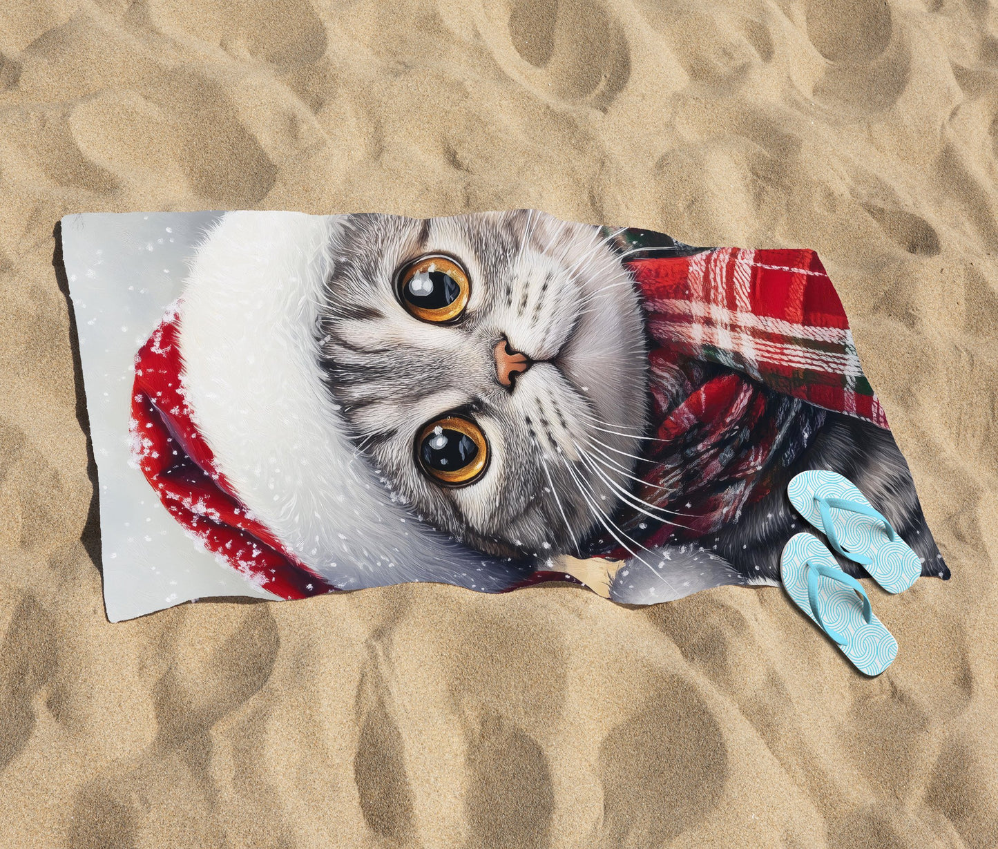 Snowy Christmas Scottish Fold Cat Beach Towel