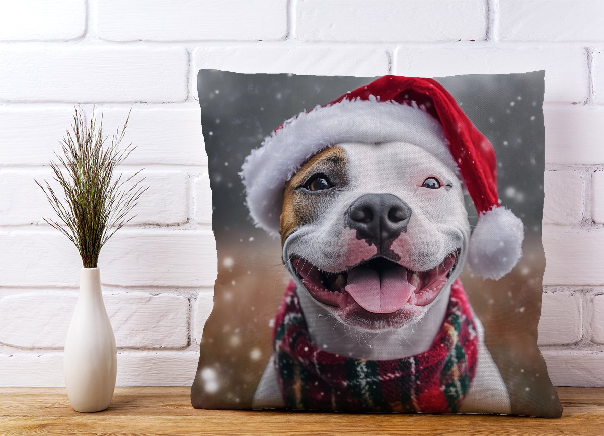 Snowy Christmas Staffy Bull Terrier Dog Cushion