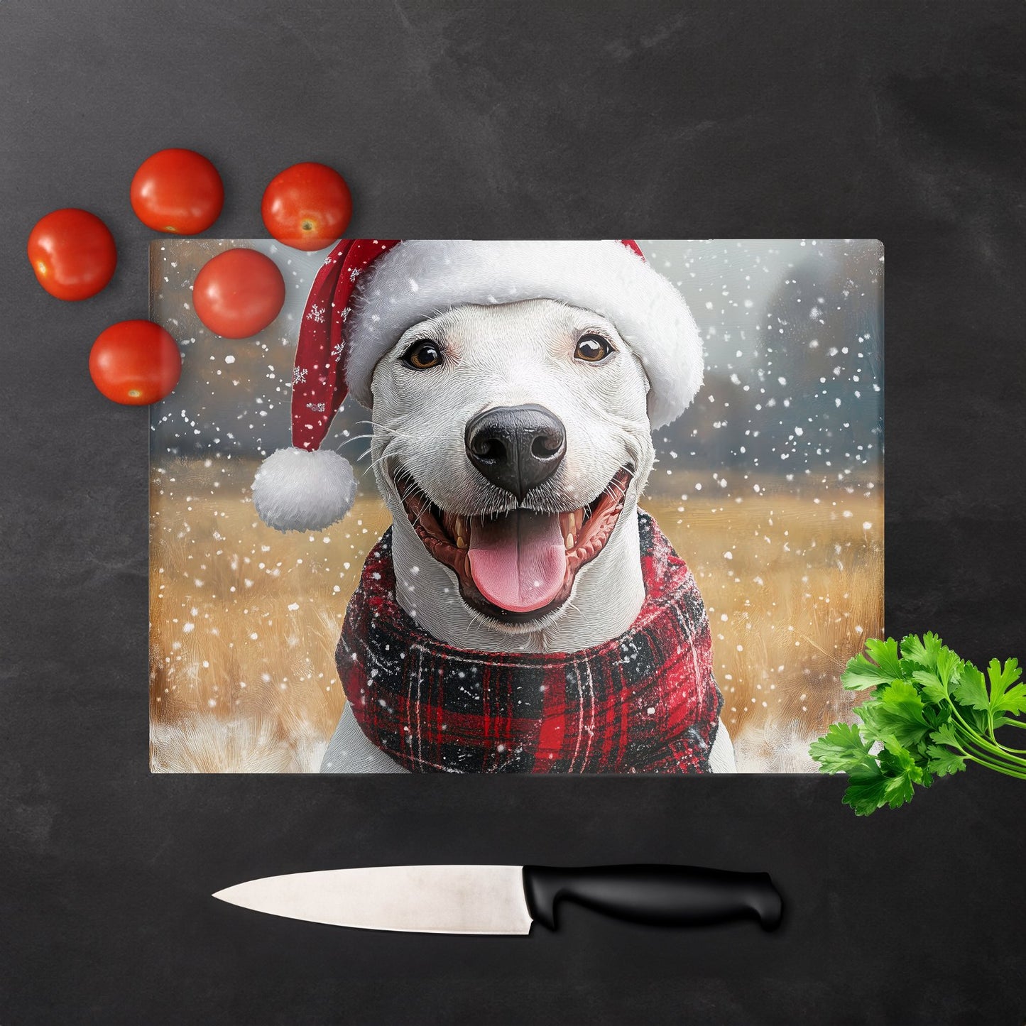 Christmas English Bull Terrier Glass Chopping Board