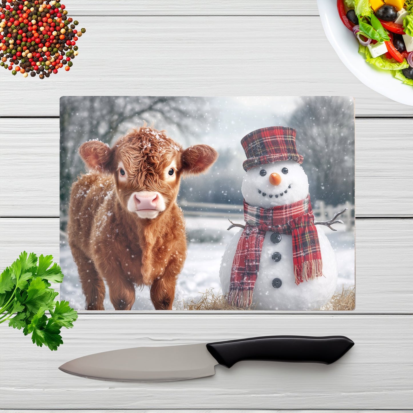 Baby Highland Cow And A Snowman Chopping Board