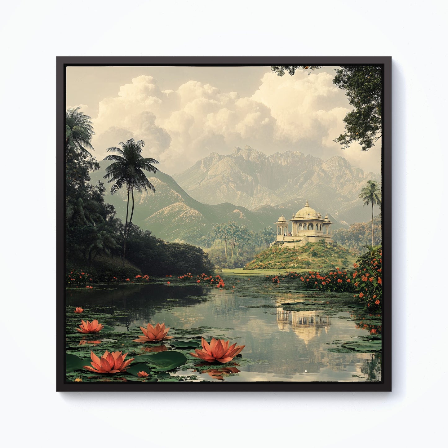 Temple By A Lake With Lilies Framed Canvas