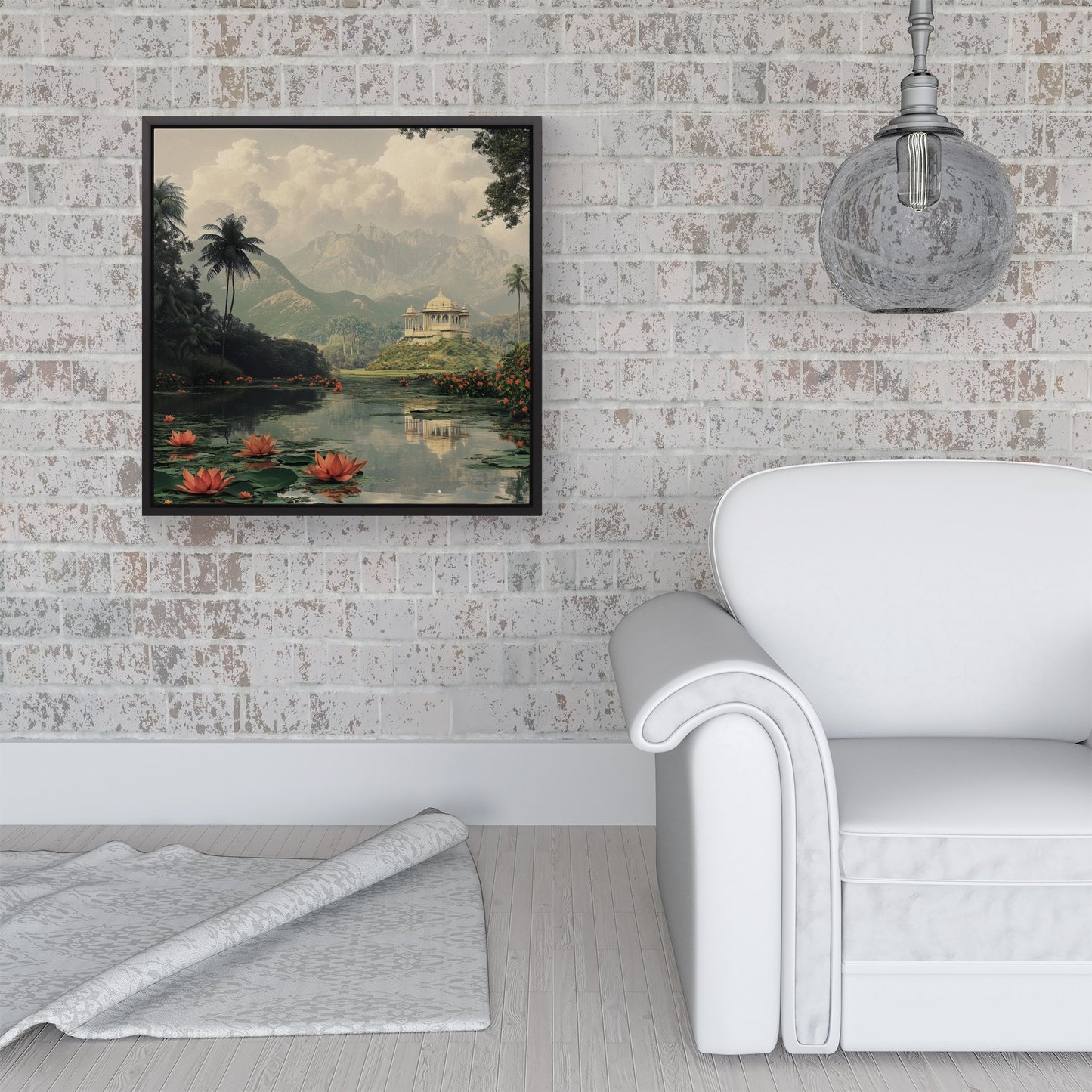 Temple By A Lake With Lilies Framed Canvas