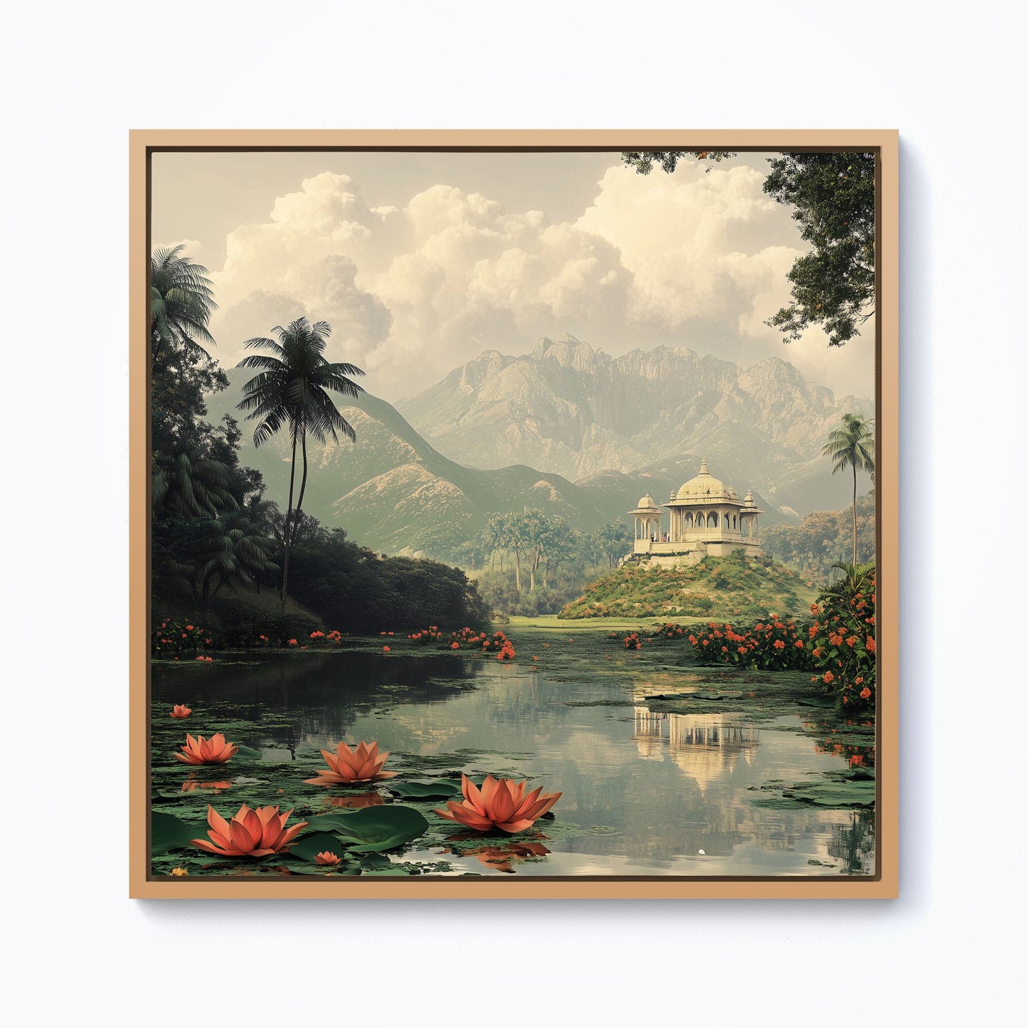 Temple By A Lake With Lilies Framed Canvas