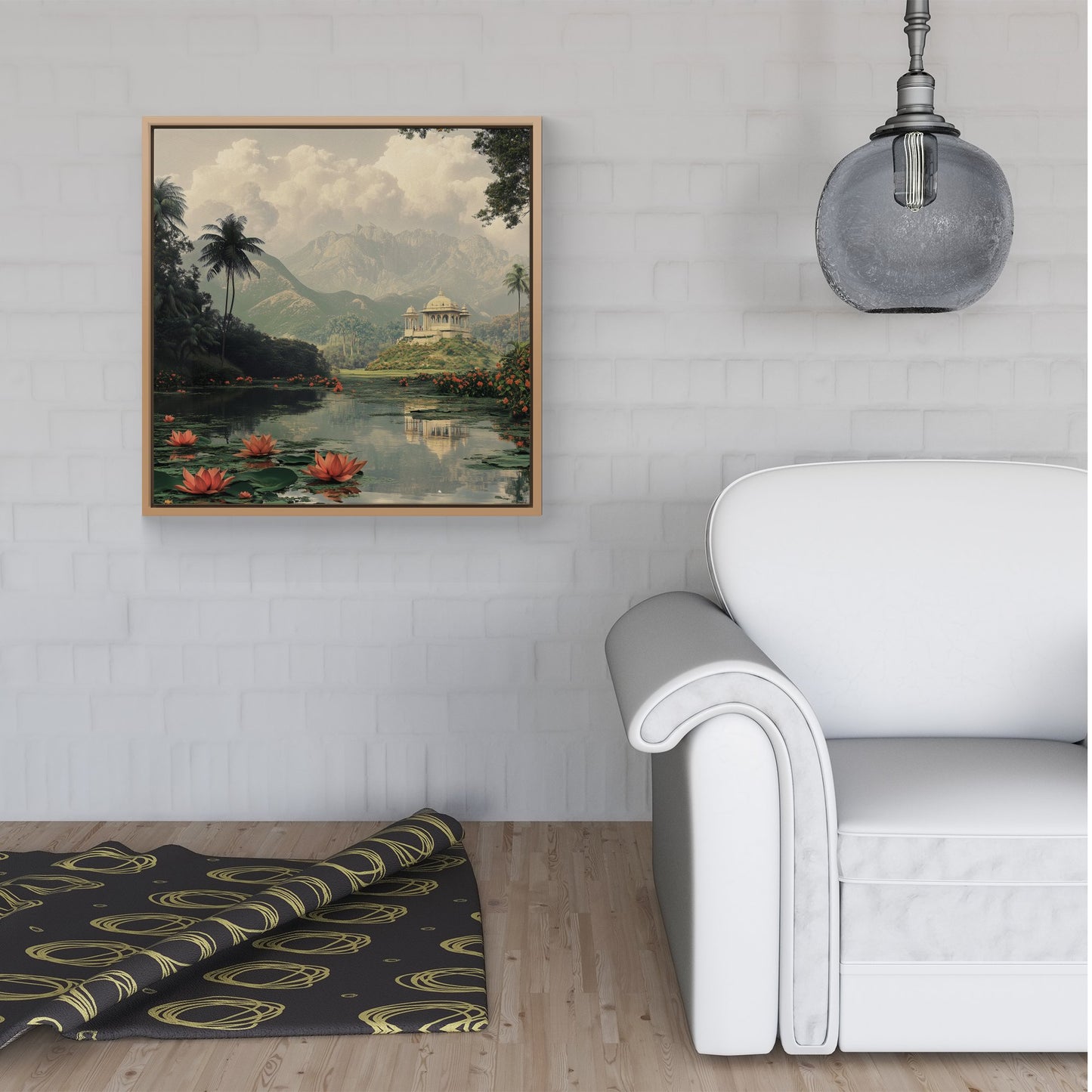 Temple By A Lake With Lilies Framed Canvas