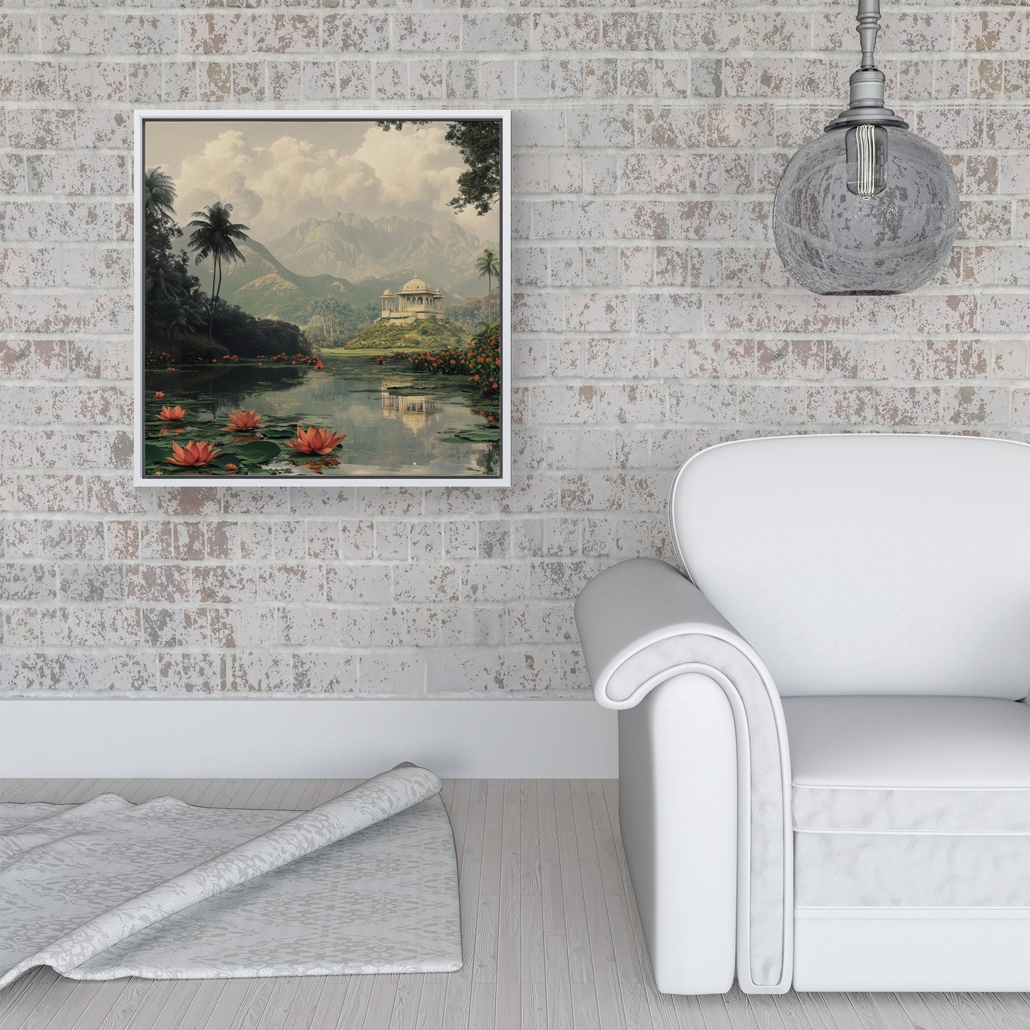 Temple By A Lake With Lilies Framed Canvas