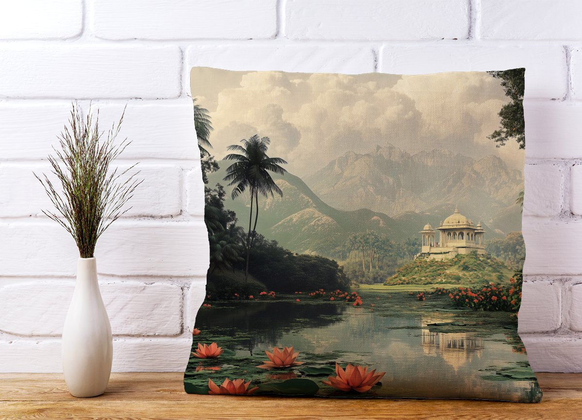 Temple By A Lake With Lilies Cushions