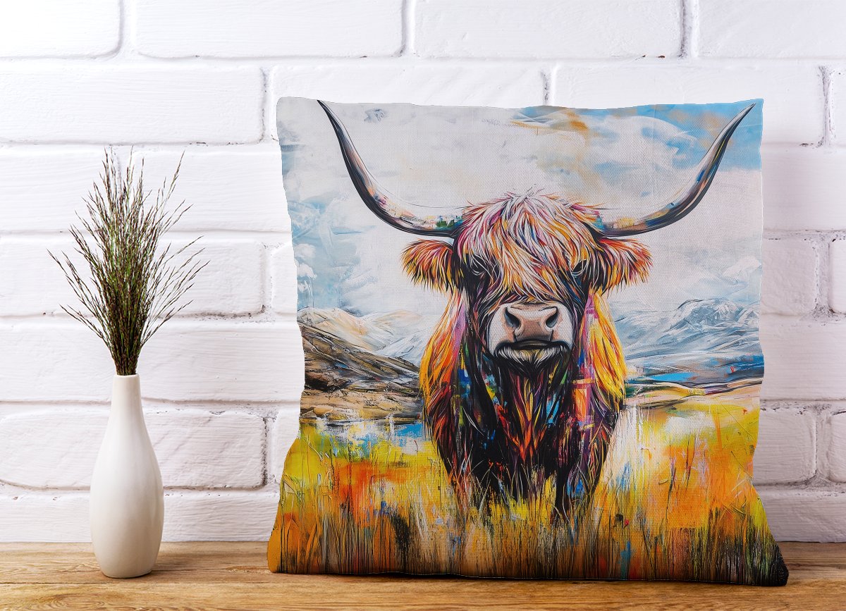 Colourful Highland Cow Inspired By Banksy Cushions