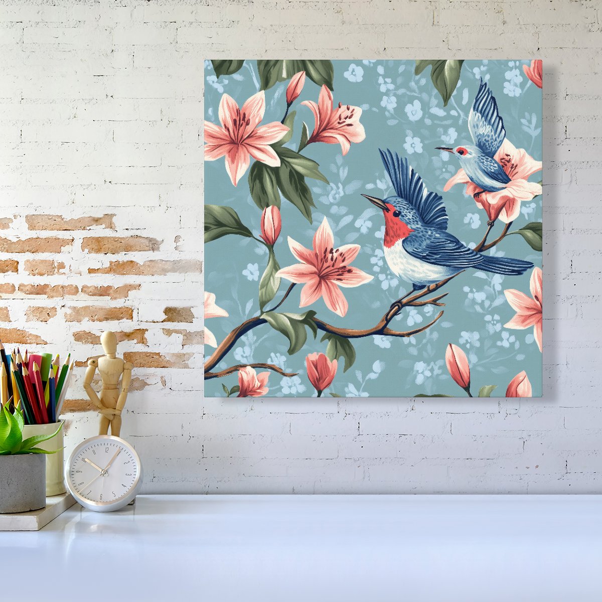 Birds On A Branch, Amongst The Lillies Canvas